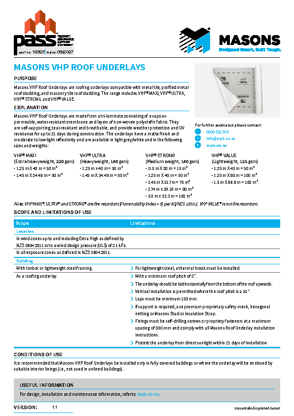Masons VHP Roof Underlay pass™