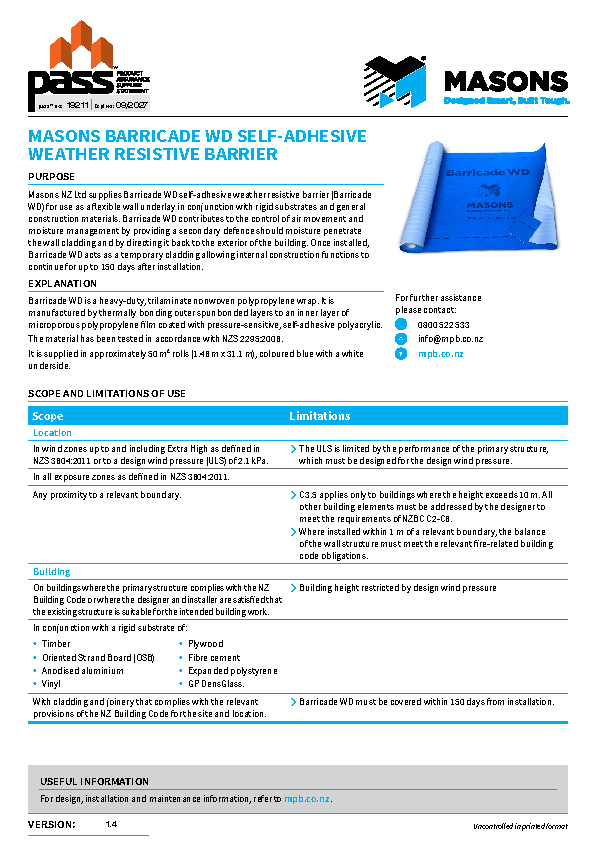 Masons Barricade WD self-adhesive weather resistive barrier pass™