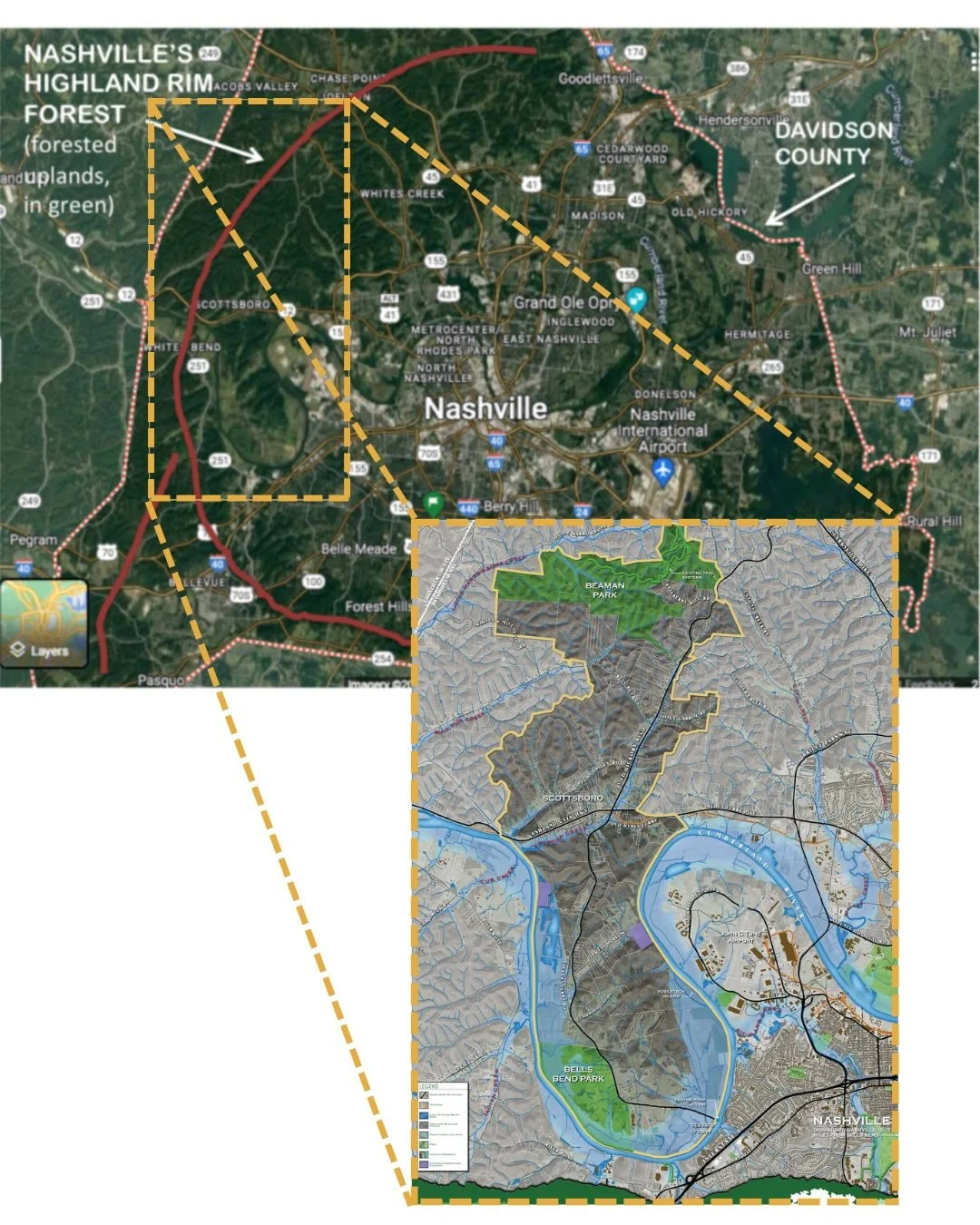 The Bells Bend Conservation Corridor is a north-south corridor between Beaman Park and the oxbow in the Cumberland River that forms Bells Bend, encompassing roughly 34 square miles or 22,000 acres

The corridor&rsquo;s natural beauty is given its uni