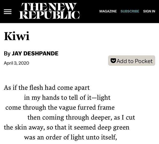 I have a new poem in this month&rsquo;s issue of @newrepublic. Thanks to @cathyparkhong for including it! 🥝