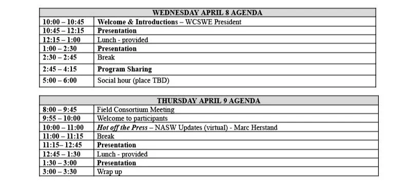 2 tables outlining the schedule for the WCSWE Spring 2026 conference
