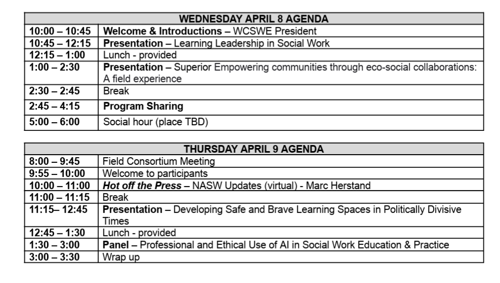Image of the spring agenda in a table format with times and presentations