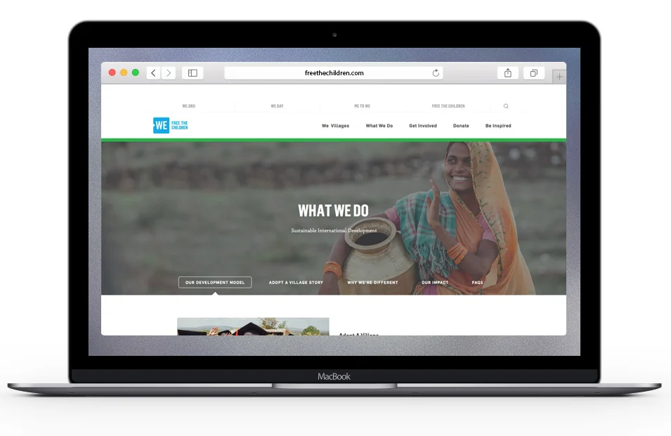  Free The Children, We Day and Me to We underwent a rebrand. Websites were updated to reflect the new look and feel and the overall idea of 'WE'. In the new design, the emphasis is put on photography and visual storytelling. 