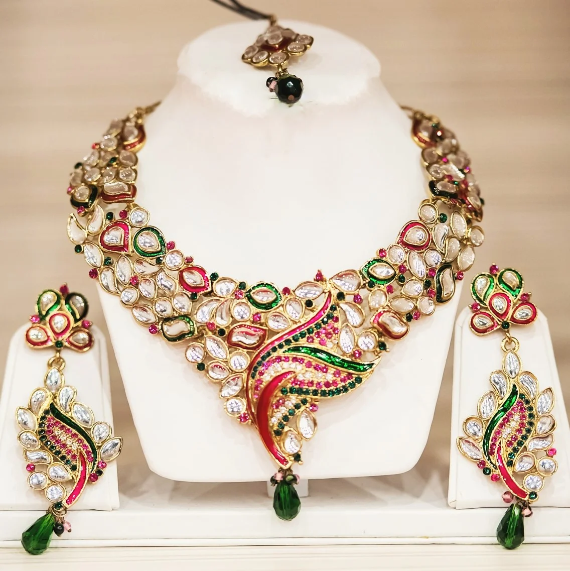 Spring Collection 2015 - 'Dancing Peacock' Pink and Green with Polki Diamond Necklace, Earrings and Headpiece Set