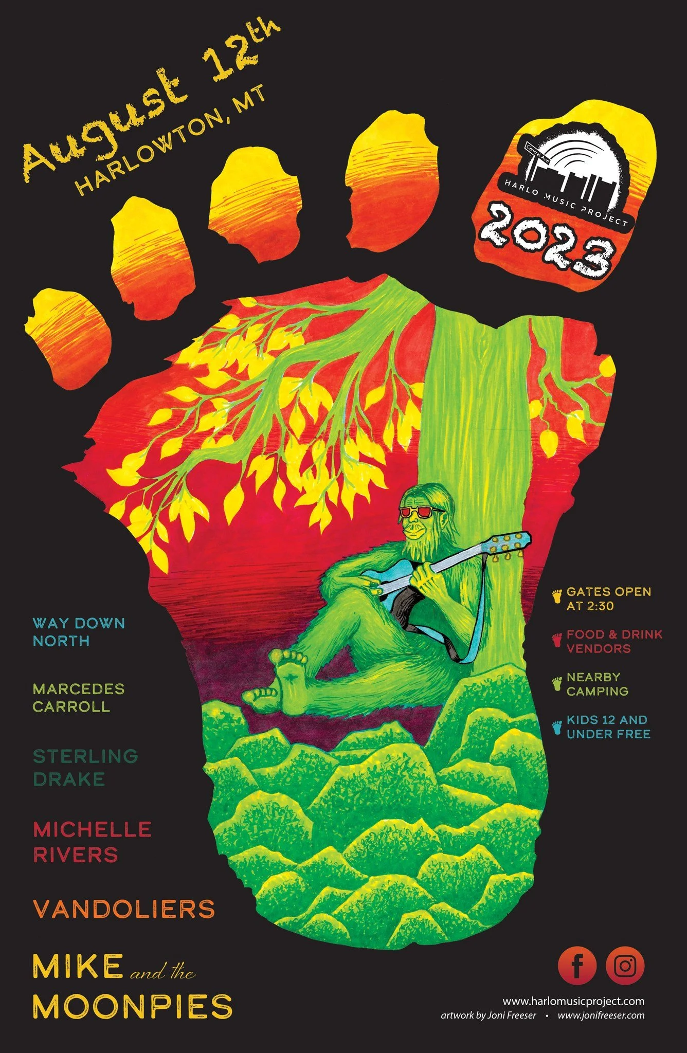 Harlo Music Project Poster 2023 featuring bigfoot print and a lineup of the bands