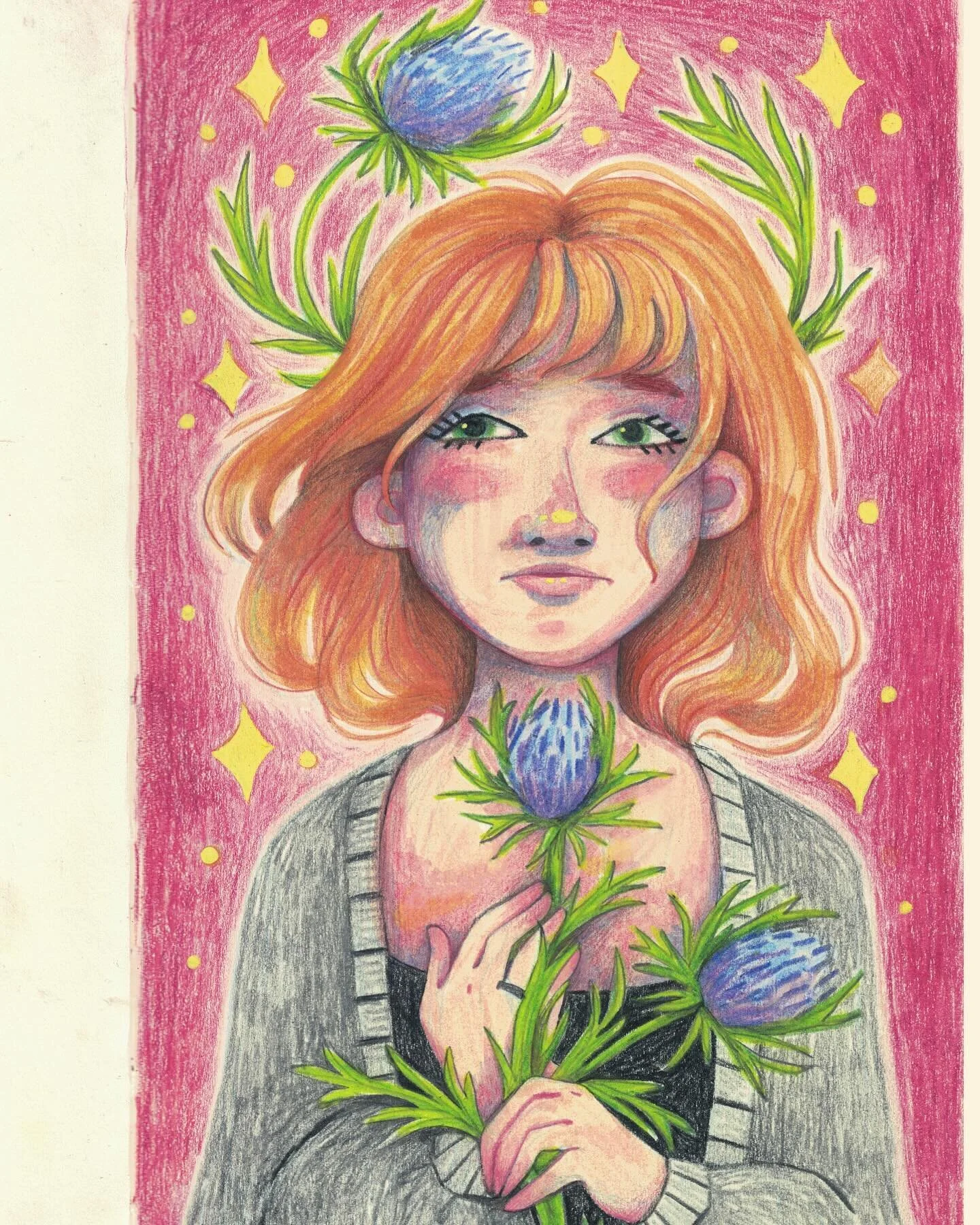 the vibe is: 🦔✨ spiky ✨ do not touch ✨🦔
.
.
.
.
#illustrator #artistsoninstagram #sketchbook #dailyart #pencilcrayon #portrait #illustration #drawing #face #thistle #editorialillustration #girl #thistle #kidlitart