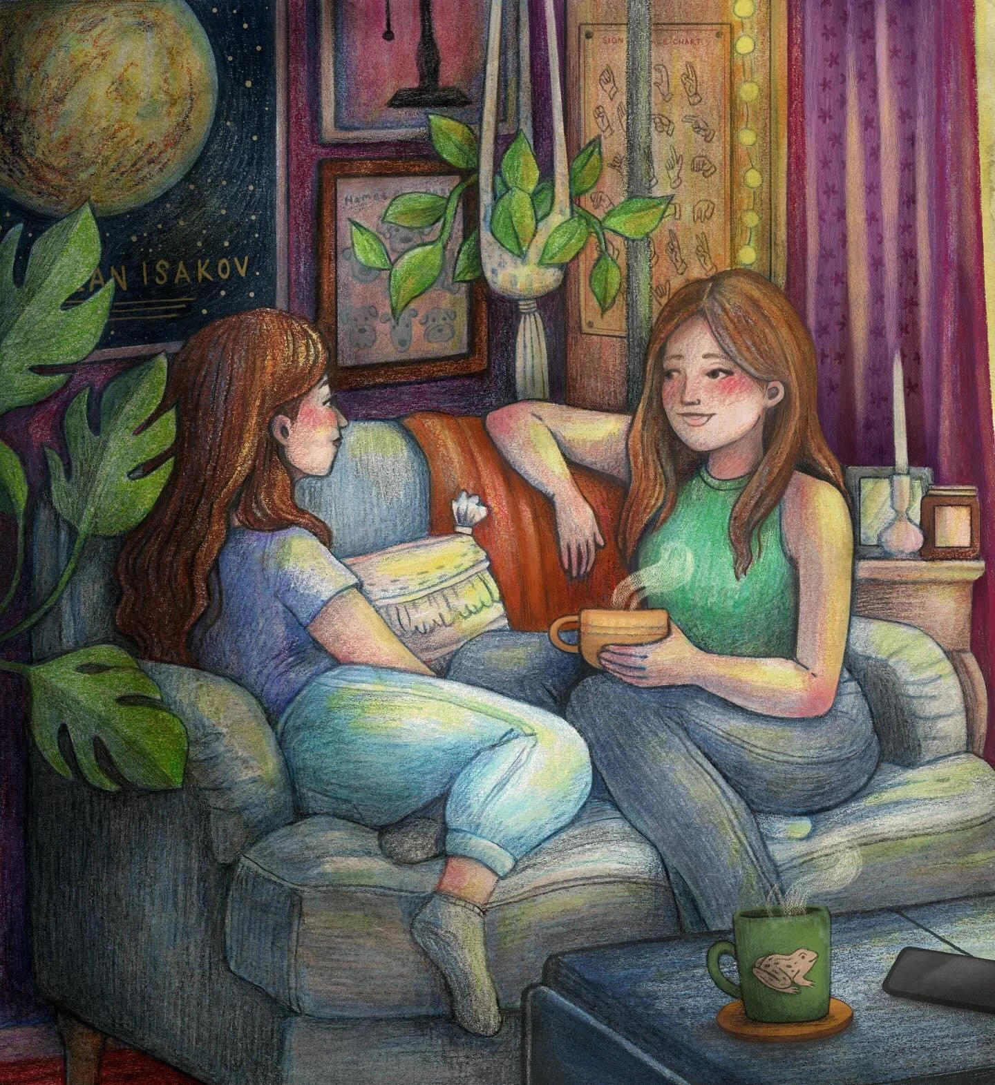 if my couch isn&rsquo;t always a cozy spot for tea both literally and figuratively, send me to jail 🫡 

Inspired by tea chats with @em.beaton 💓✨ 
.
.
.
#illustration #illustrator #storybookillustration #bookillustration #cozy #lifestyleillustration