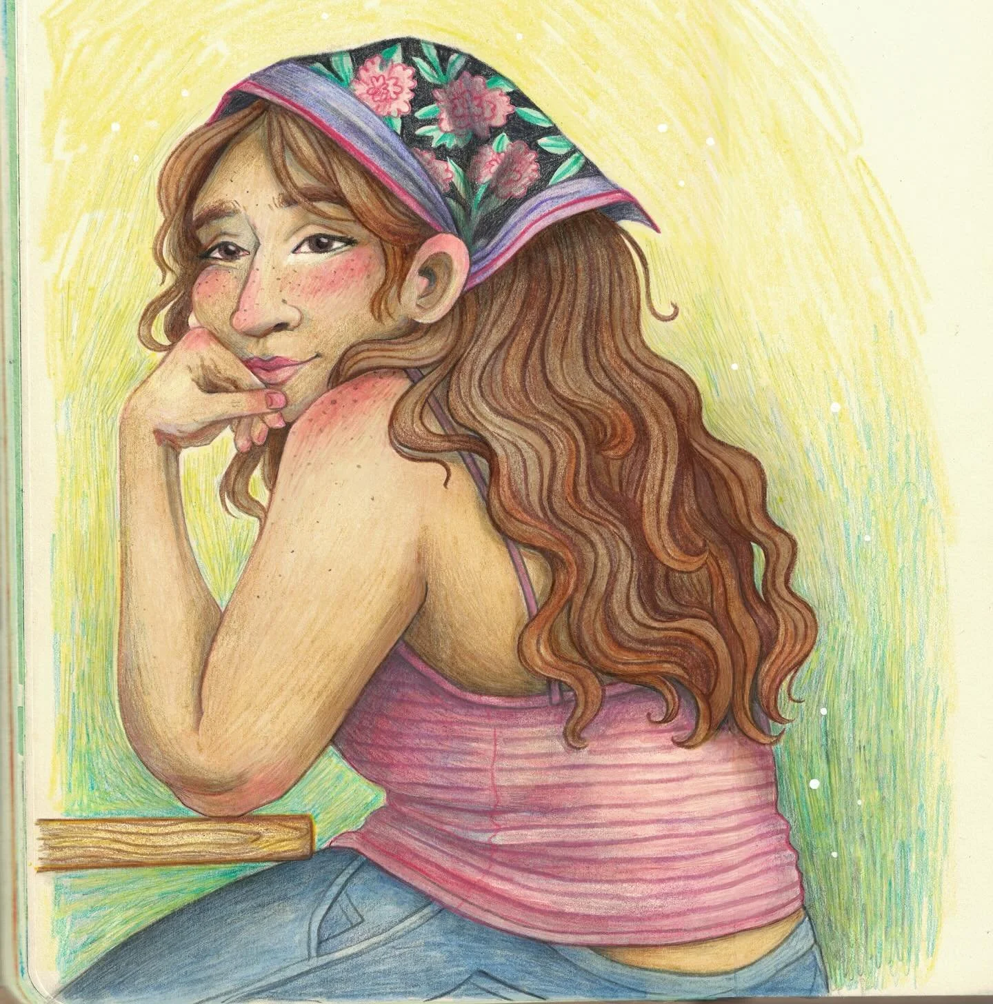 been seeing girlies out and about lately wearing bandannas/scarves in their hair and am a huge fan and keep thinking about it 💓 that&rsquo;s it, that&rsquo;s the post 
.
.
.
.
.
#sketchbook #illustration #artist #pencilcrayon #procreate #portraitill