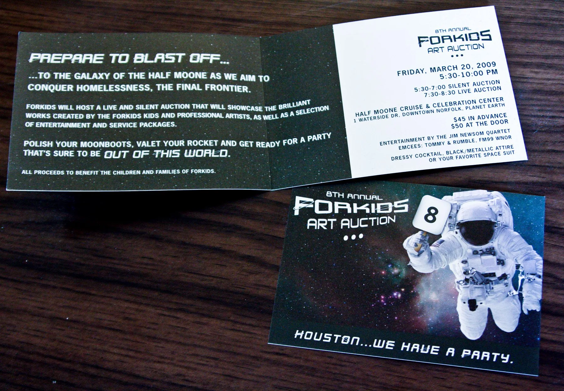  Invitation and Save the Date for a silent auction for ForKids, a non-profit working against child and family homelessness 