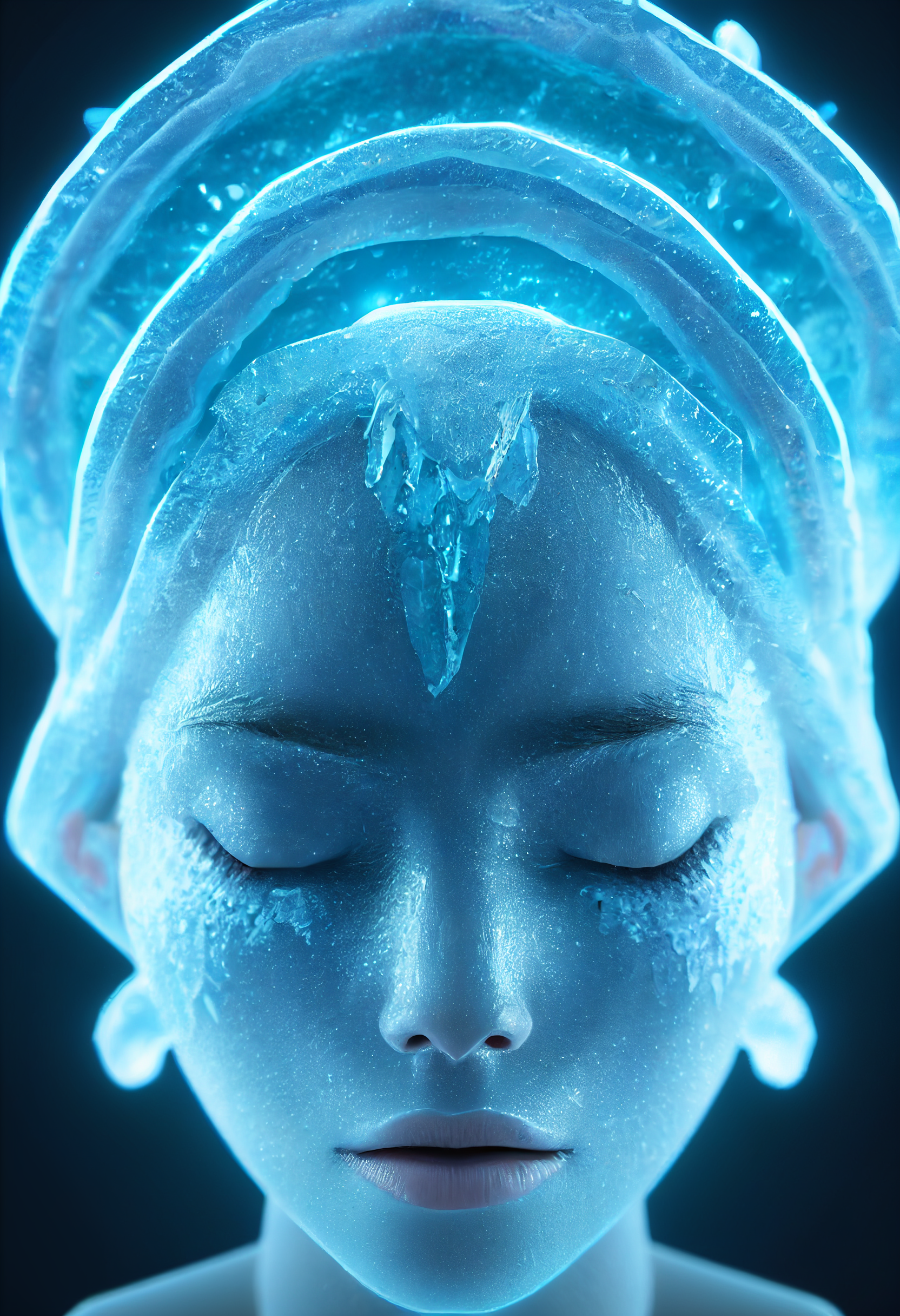  frozen face, ice skin, blue glow, super resolution, photorealistic, octane render, light from the right side, high contrast —ar 9:16 --test --upbeta 