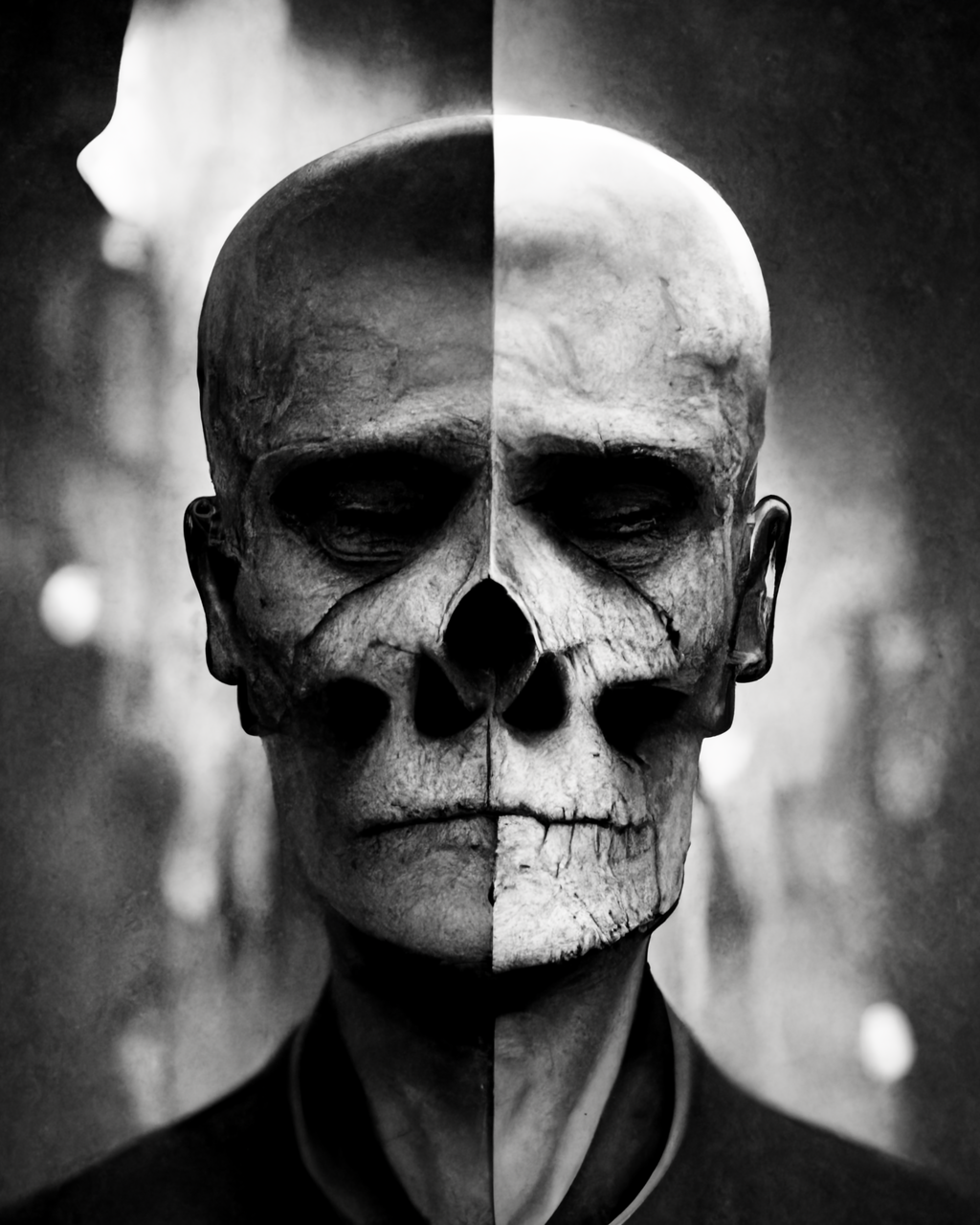  split face, memento mori skull on the right, male man on the right, cinematic, film noir, black and white photography, high contrast —ar 4:5 