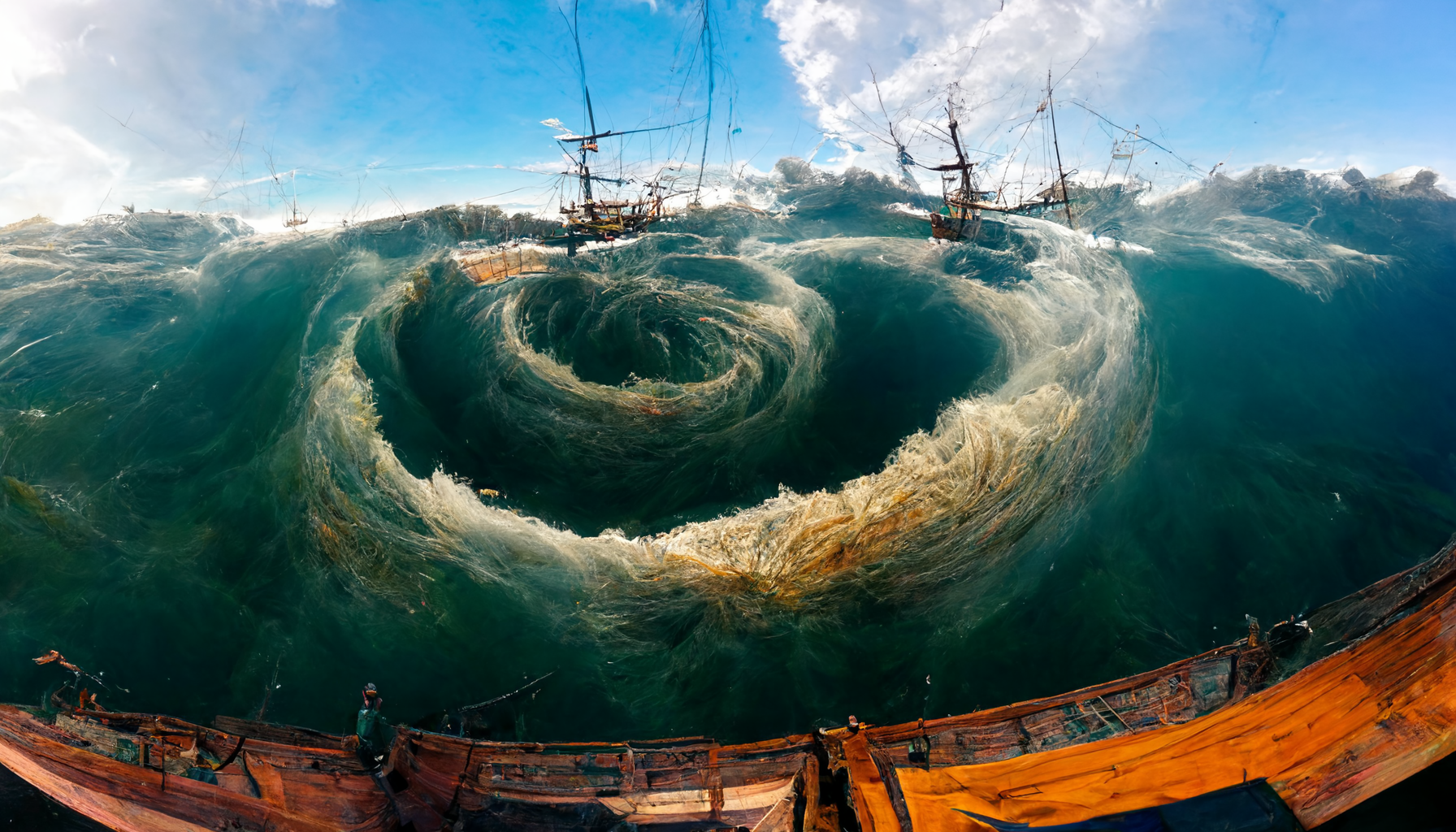  looking down through a fisheye lens on an abstract pirate ship in the middle of the see, Dramatic Waves, 360 Panorama, Top-View, super-resolution —ar 16:9 