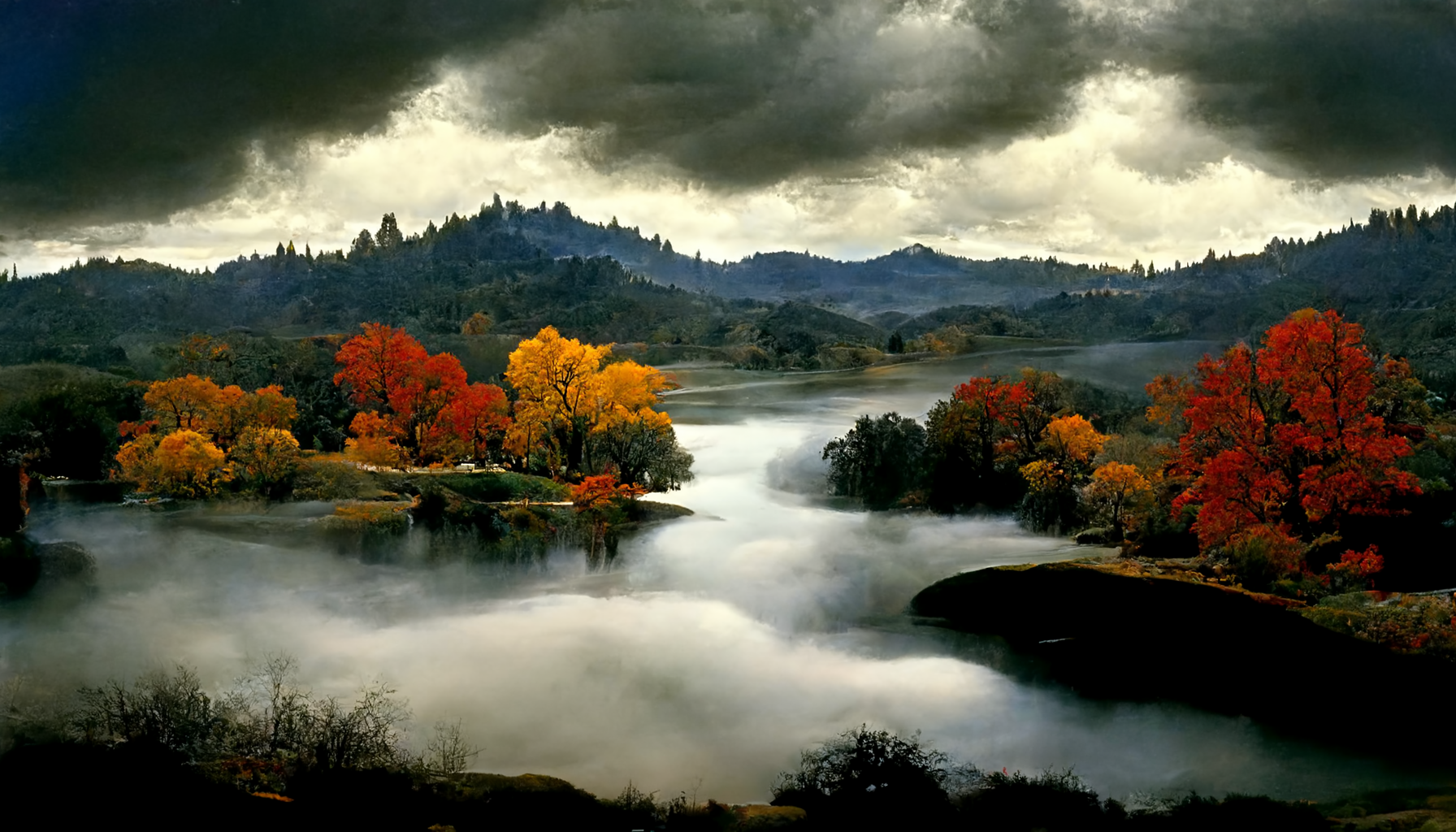  ethereal landscape by Anselm Adams but in color, high contrast, autumn leaves, rivers and lakes, hills in the back, clouds in the sky, astral aura —ar 16:9 