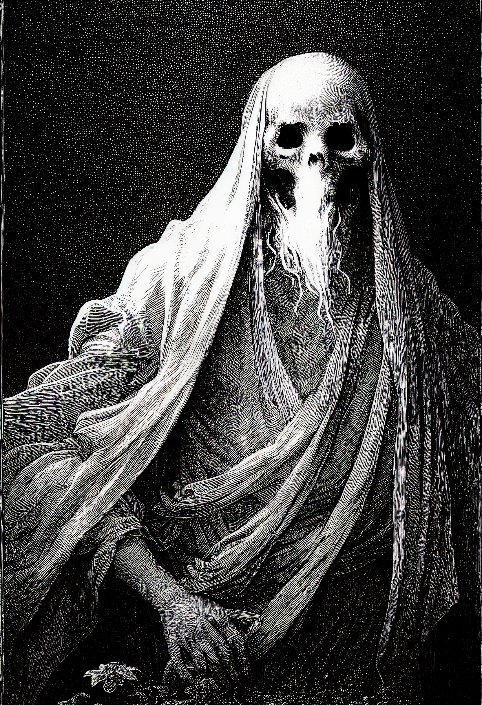  A Gustave Doré illustration of an ethereal memento mori ghost with vibrant aura black and white, engraving, hyperdetailed, sharp focus --ar 2:3 --testp 