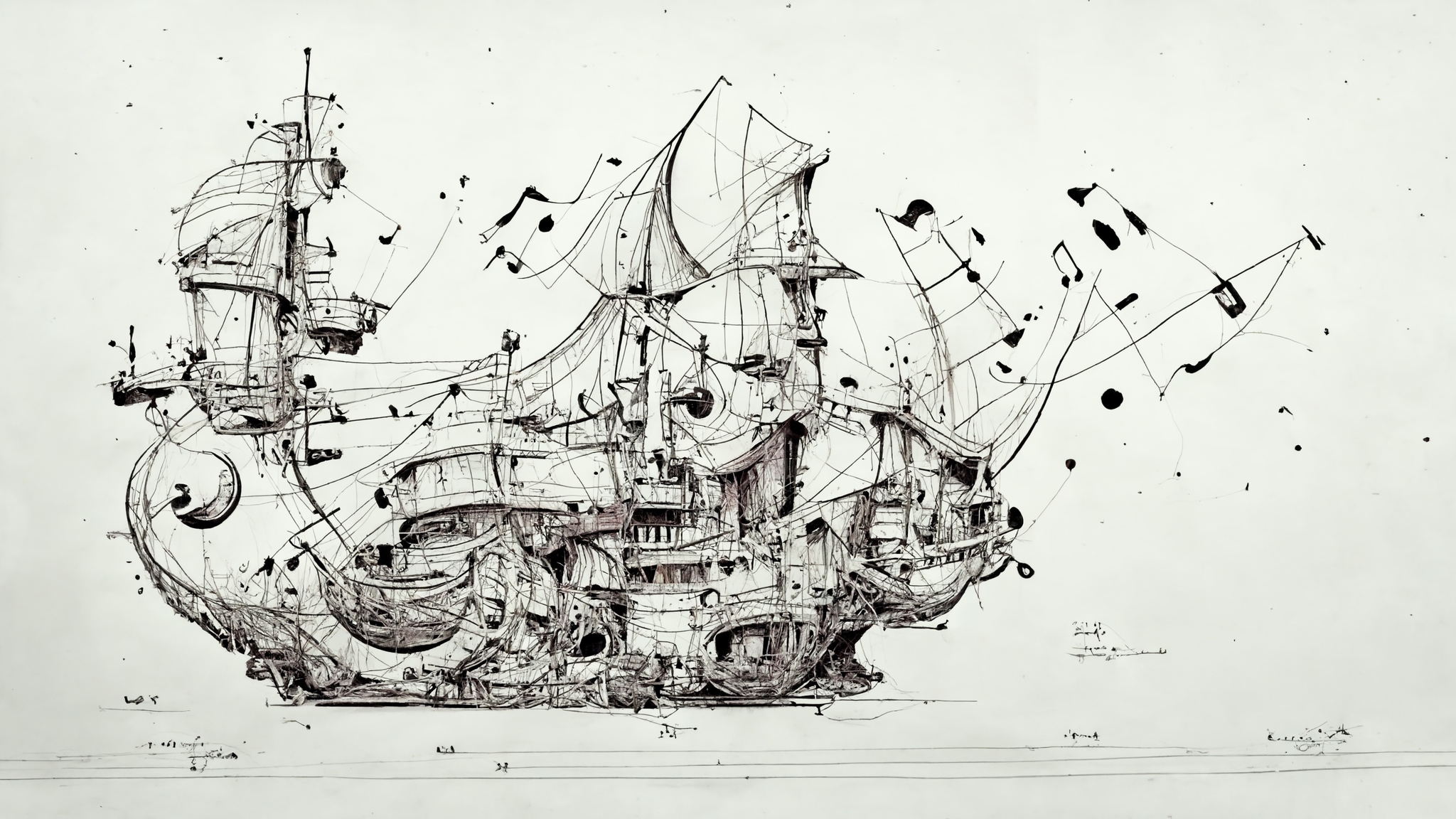  <https://s.mj.run/ab7x84Mu0dI> music brain and spark ideas on sheet music, pirate ships and accordions, white background:: Line Art --q 2 --s 2000 —ar 16:9 
