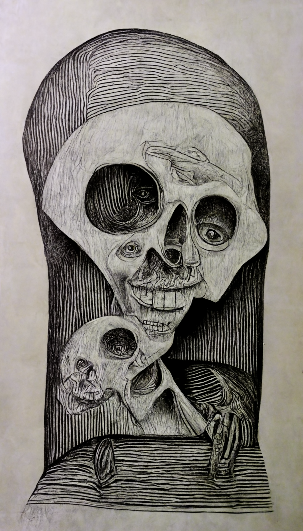 surrealistic meme, memento mori, dark paper, line drawing, very detailed, 8k —ar 9:16 