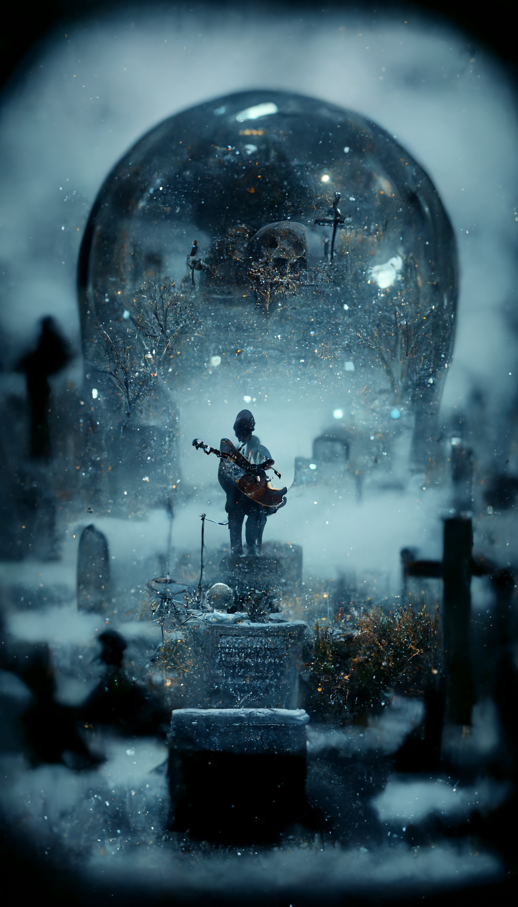  memento mori graveyard concert with one guitarist inside a snow globe, cinematic light, octane render, 3d, hyper realistic —ar 9:16 