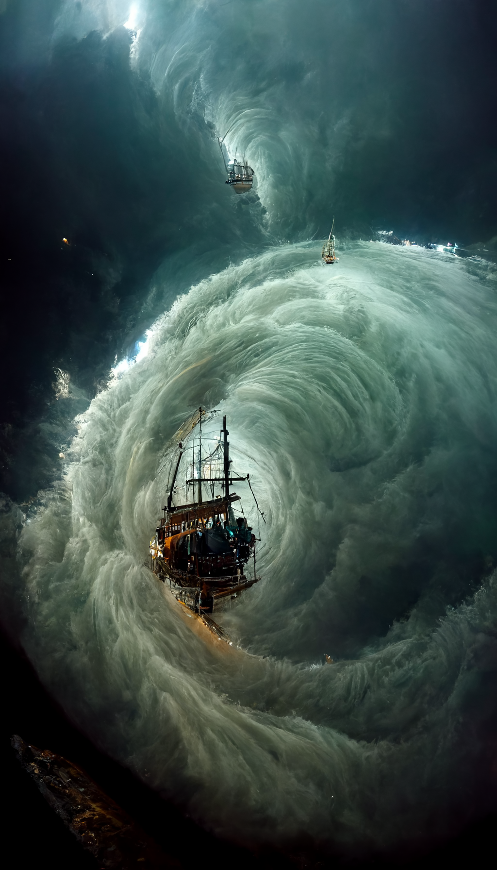  looking down through a fisheye lens on an abstract pirate ship in the middle of the see, Dramatic Waves, 360 Panorama, cinematic armageddon, moonlight and thunderstorm, wild waves and swirley mist, Top-View, super-resolution --ar 9:16 