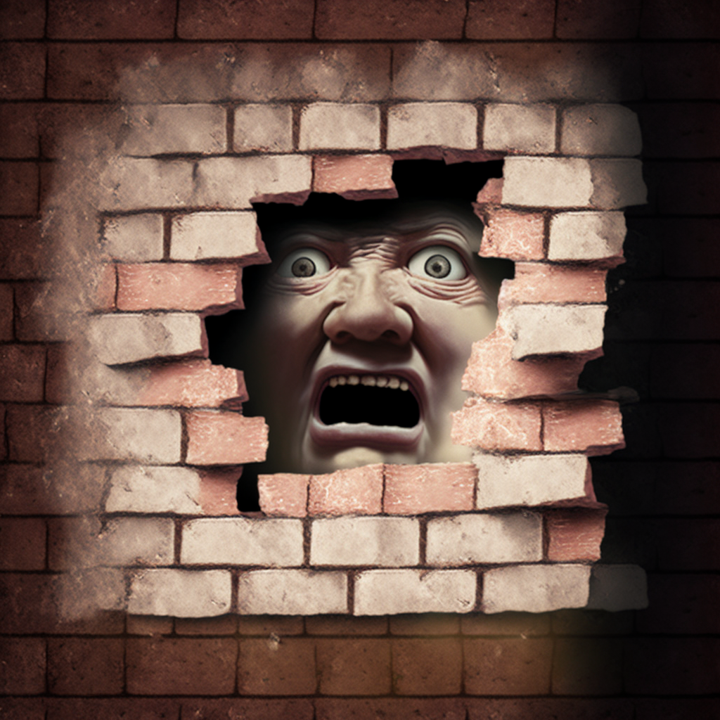  brick face growing out of the underground, dark street corner, hard spotlight in cool colors, hyperdetailed, ornate, mathematical, sci-fi 