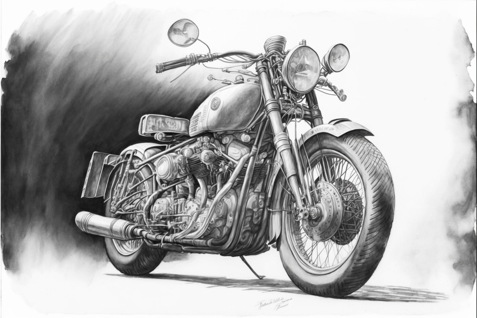  unfinished pencil drawing of a motorcycle, fine lines, sketch, white paper, hyperdetailed 