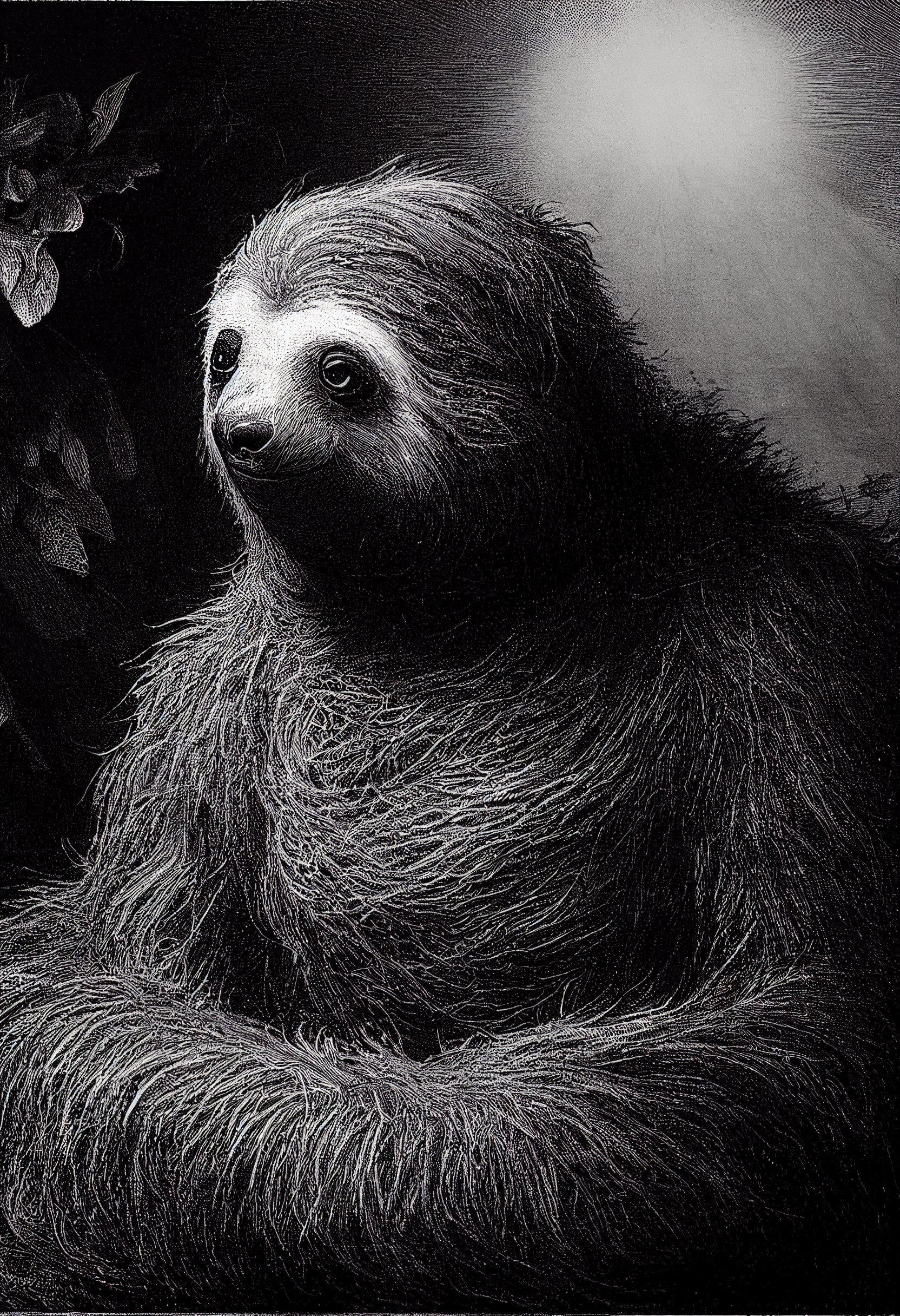  A gustave doré illustration of an ethereal and irate sloth, cinematic portrait, black and white, film noir, engraving, hyperdetailed, sharp focus, cinematic light 