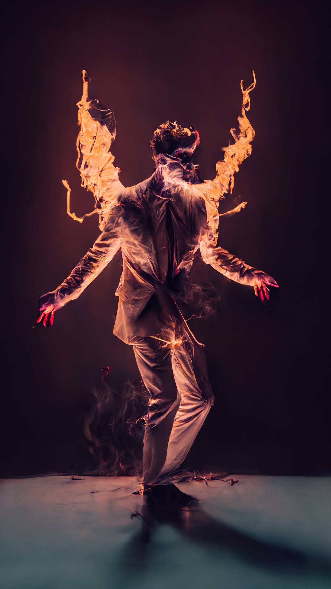  dancing devil with huge wings and metal horns, stag light, huge crowd of thousands of people, unnatural pose, falling forever, happy birthday, minimalist greeting card, cinematic, volumetric lighting, burning candles 