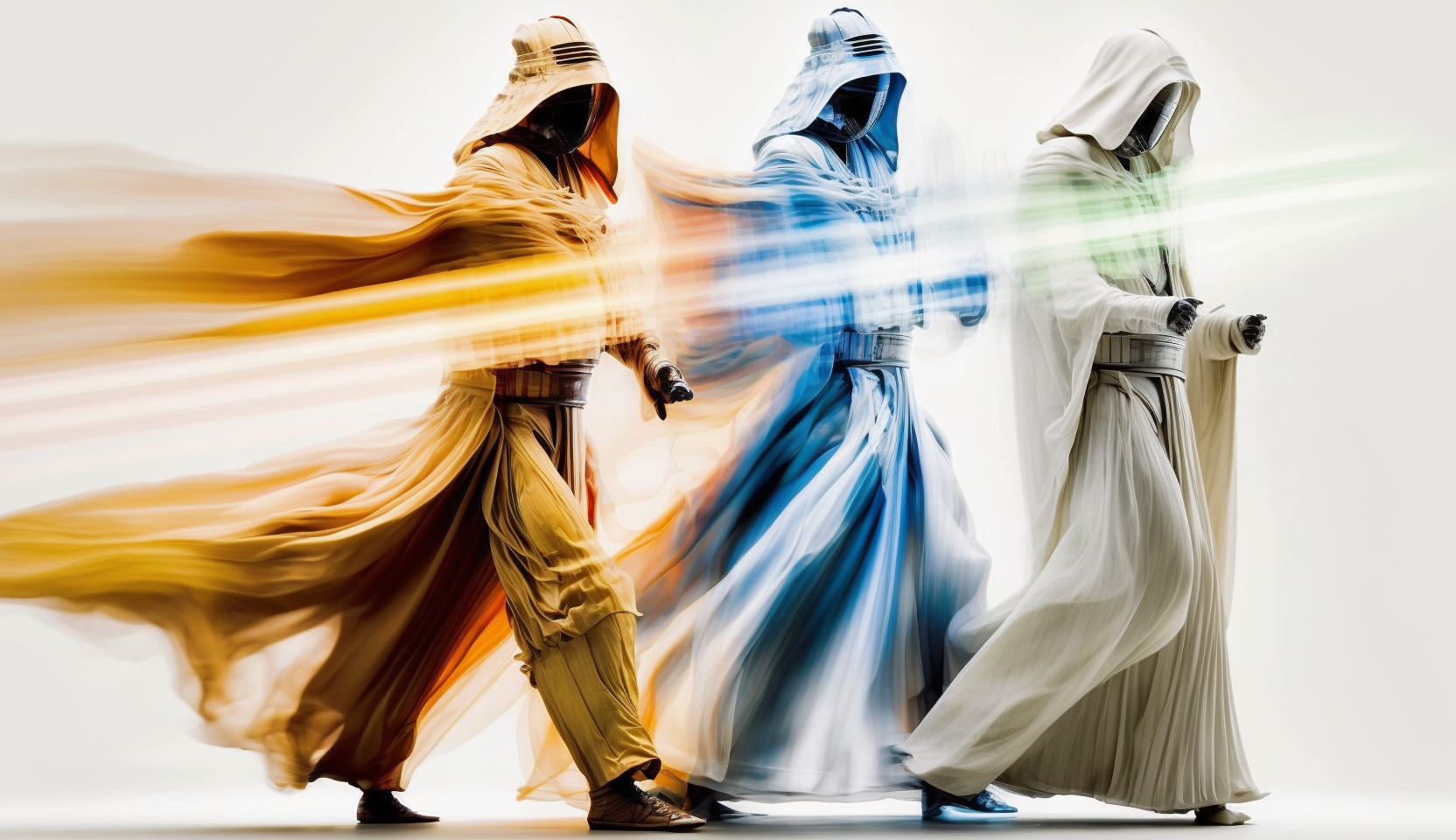  star wars inspired by eurythmy and rudolf steiner, hyperdetailed, beautiful colors, overexposure, motion blur, long exposure, white background 