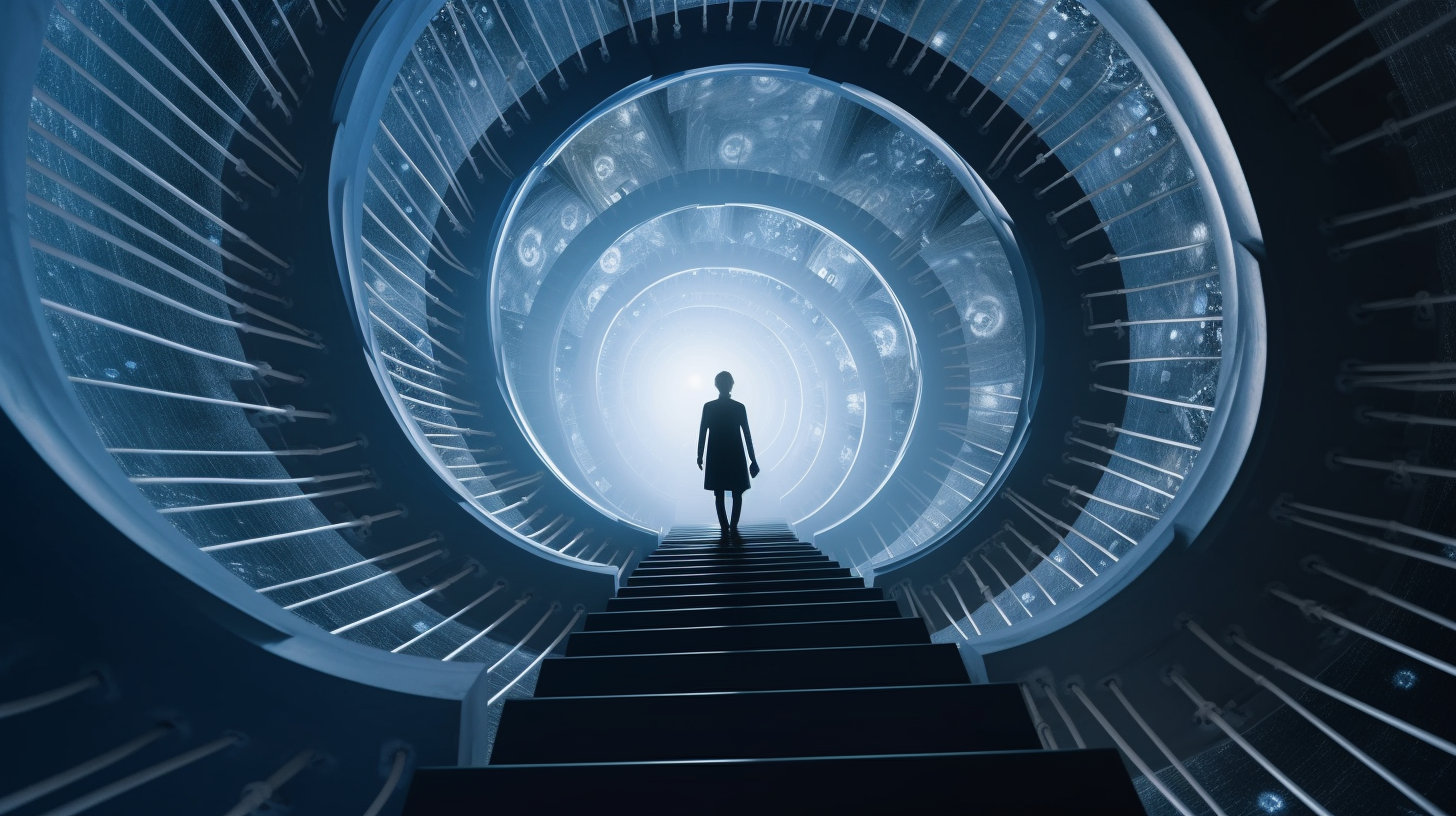  Ryuichi Sakamoto walking up a never ending spiral piano keyboard staircase, ethereal glow, low angle, god watching 