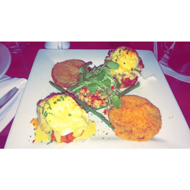  Crab Cake & Fried Green Tomato Eggs Benedict: Poached Eggs & Mini Jumbo Lump Crab Cakes on Fried Green Tomatoes, Black Eyed Pea Succotash with Asparagus & Old Bay Hollandaise, dusted with Old Bay