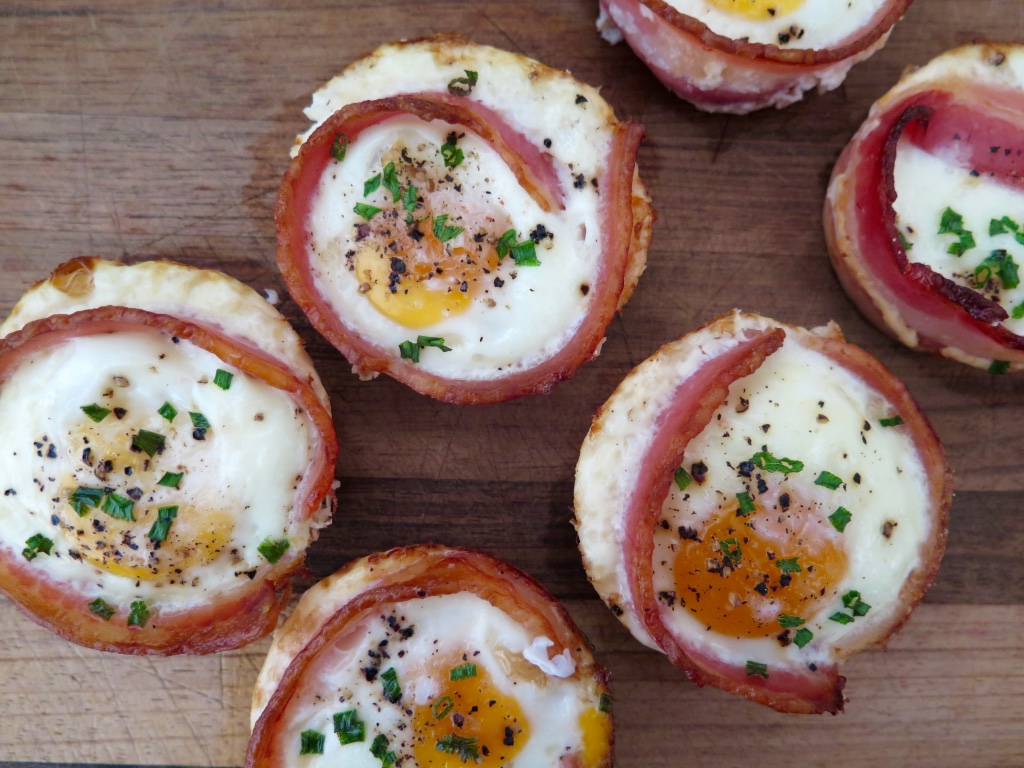 What you need: 6 rashers of bacon (I like to use streaky bacon) 6 eggs Chives, snipped Salt and Pepper What to do: Preheat oven to 180Β° C Partially cook the bacon by frying on each side for a couple of minutes in a pan. Remove from pan and dry on paper towels Using a greased muffin tray (or non stick silicon tray), line the inside of each hole with a piece of bacon Gently crack an egg into each hole Season with salt and pepper and sprinkle with chives Place in oven for 20 mins or until the egg is cooked ENJOY! S x