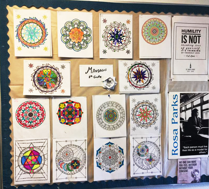 St. John's Prep - 8th Grade class - the sacred art of Mandalas - from the Sacred Symbols Coloring books by Lydia Hess.