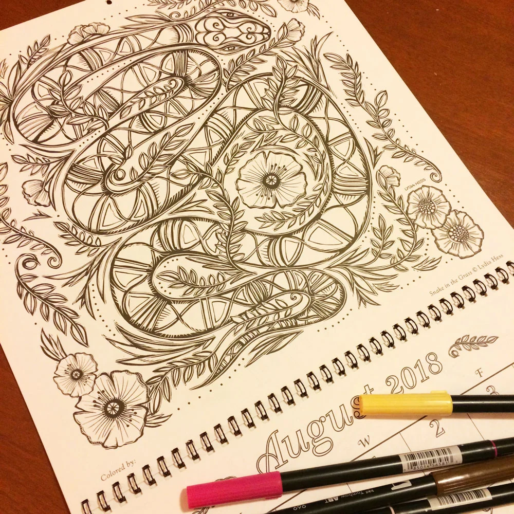 August from the 2018 Magical Garden Coloring Calendar.