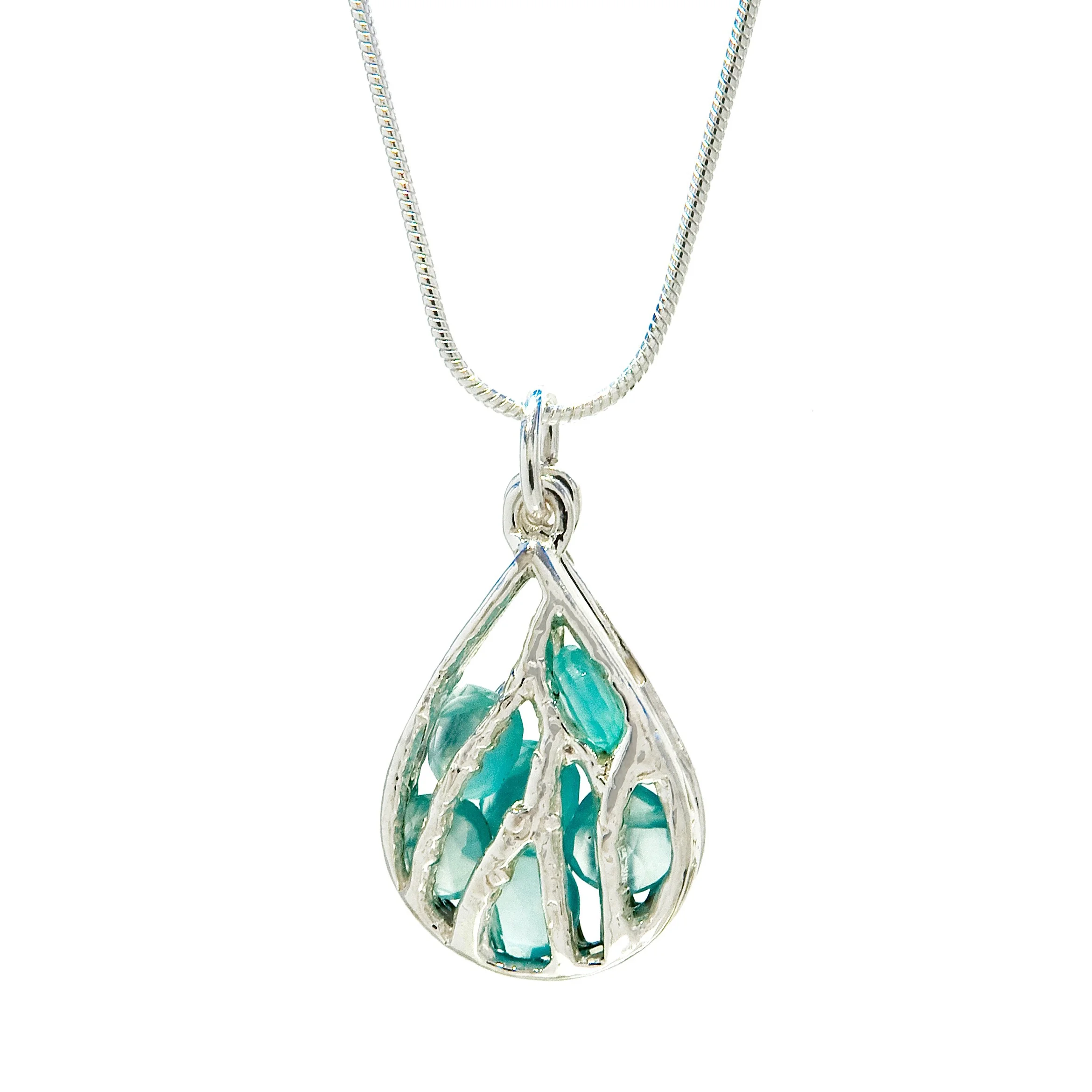 Medium Coral Teardrop Pendant with Trapped Aqua Chalcedony