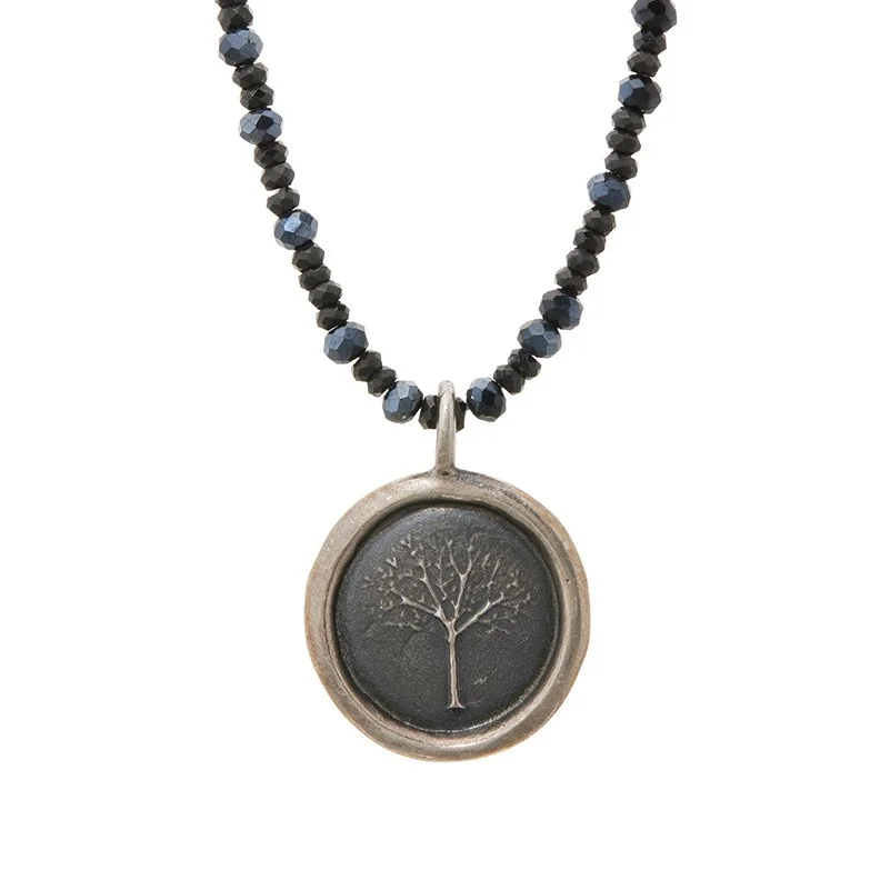 Solid Sterling Silver Winter Tree Pendant on Black Spinel Strand