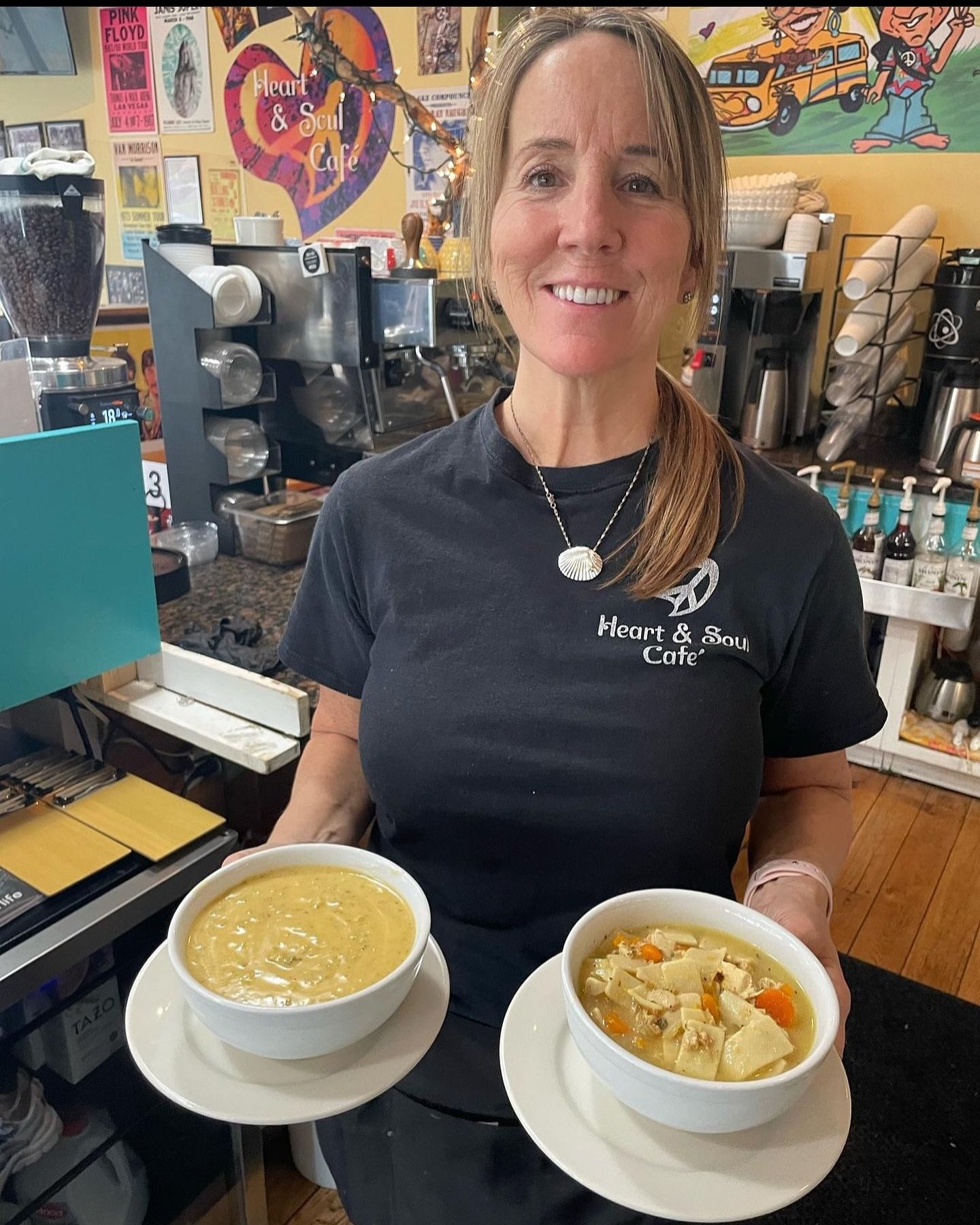 Our neighbor across the street &mdash; Julie at @heartandsoulsocial serving up some delicious food &amp; soups, and we are honored that she is also wearing some of our BFD bling! 💎 💫 👏🏻