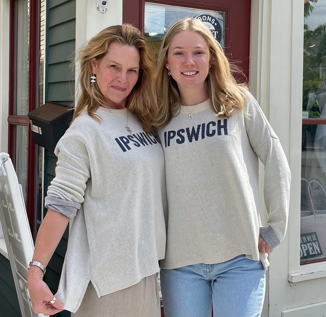 NEW! The IPSWICH &ldquo;Home Town&rdquo; Cozy Sweater is here. 
This is the most comfortable cozy sweater we offer!  The color is a creamy off-white with denim colored lettering.  It could be worn oversized or snug.  Available in XS-XL.  Betsy (on le