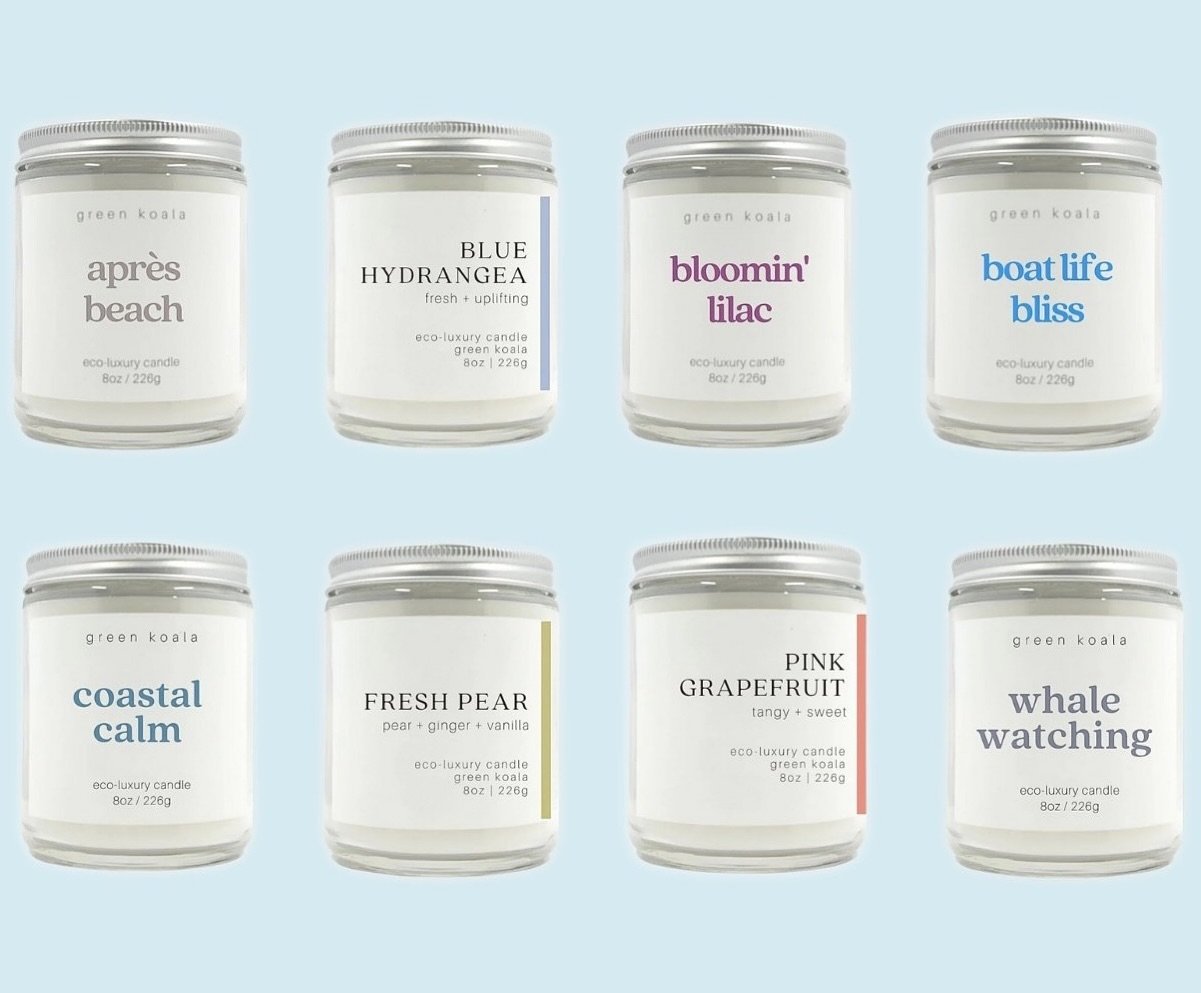 @green.koala coconut wax eco-luxury&nbsp;candles are clean-burning, non-toxic, free&nbsp;of GMOs, phthalates, dyes, and lead, never collect soot, exude a long-lasting aroma, and are ecologically responsible.&nbsp;Available in these 8 fragrances in an