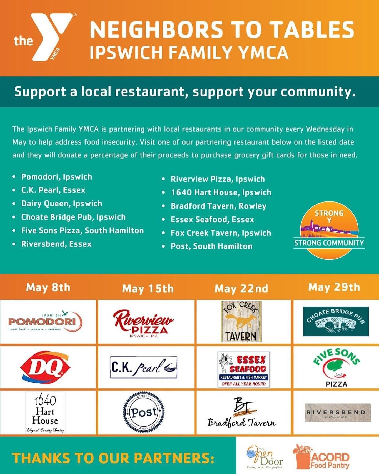 Support a local restaurant, and you will be supporting the community. The Ipswich Family YMCA  has partnered with local restaurants every Wednesday in May to help address food insecurity. Visit one of our partnering restaurants below on the listed da
