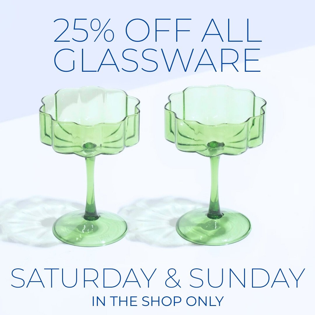 FLASH SALE‼️25% OFF on all Glassware in the shop! All day Saturday &amp; Sunday only! Fun &amp; modern, colorful tempered glassware from @fazeek_home, and ALL glassware in the shop. Ipswich themed, Champagne🥂 Flutes, shot glasses, beer pints, stemle