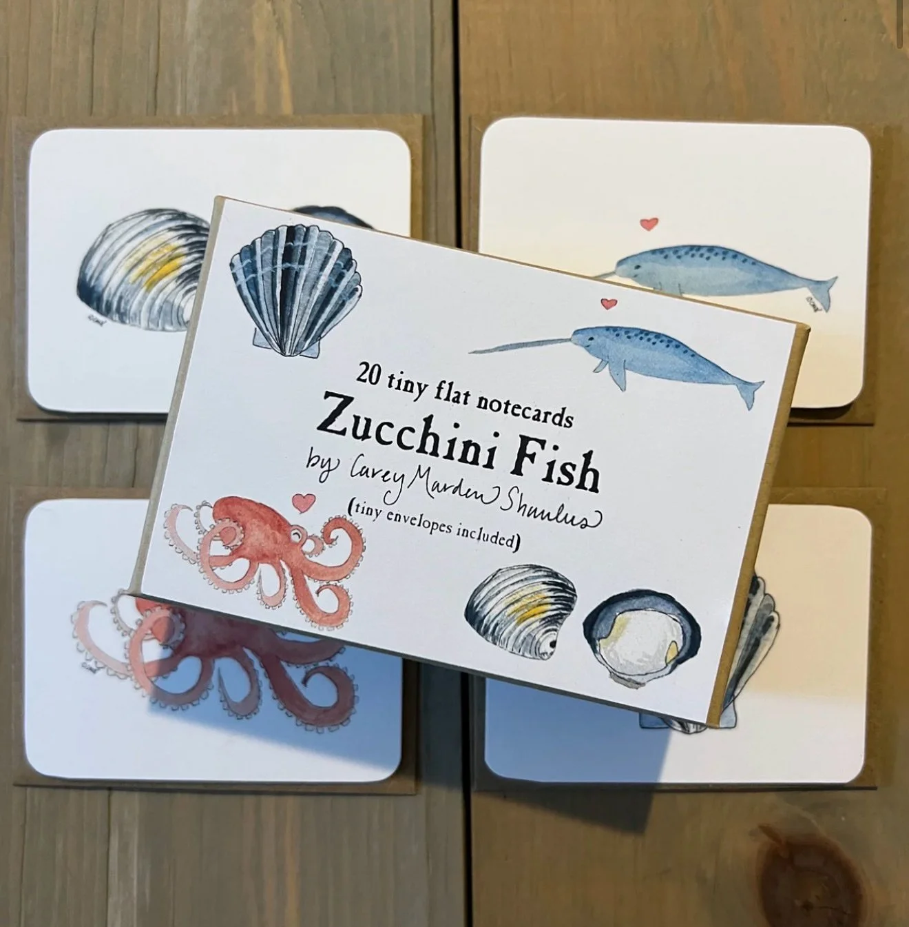 NEW! By @zucchinifish In cute boxes of 20 -  2.5 x 3.5 inch tiny flat note cards &amp; tiny grocery bag paper envelopes. Sea Creatures 🐠Tiny Flat Notes or the Christmas themed.🎄Yes, holidays are coming! 😉
Each box contains 4 different designs - 5 