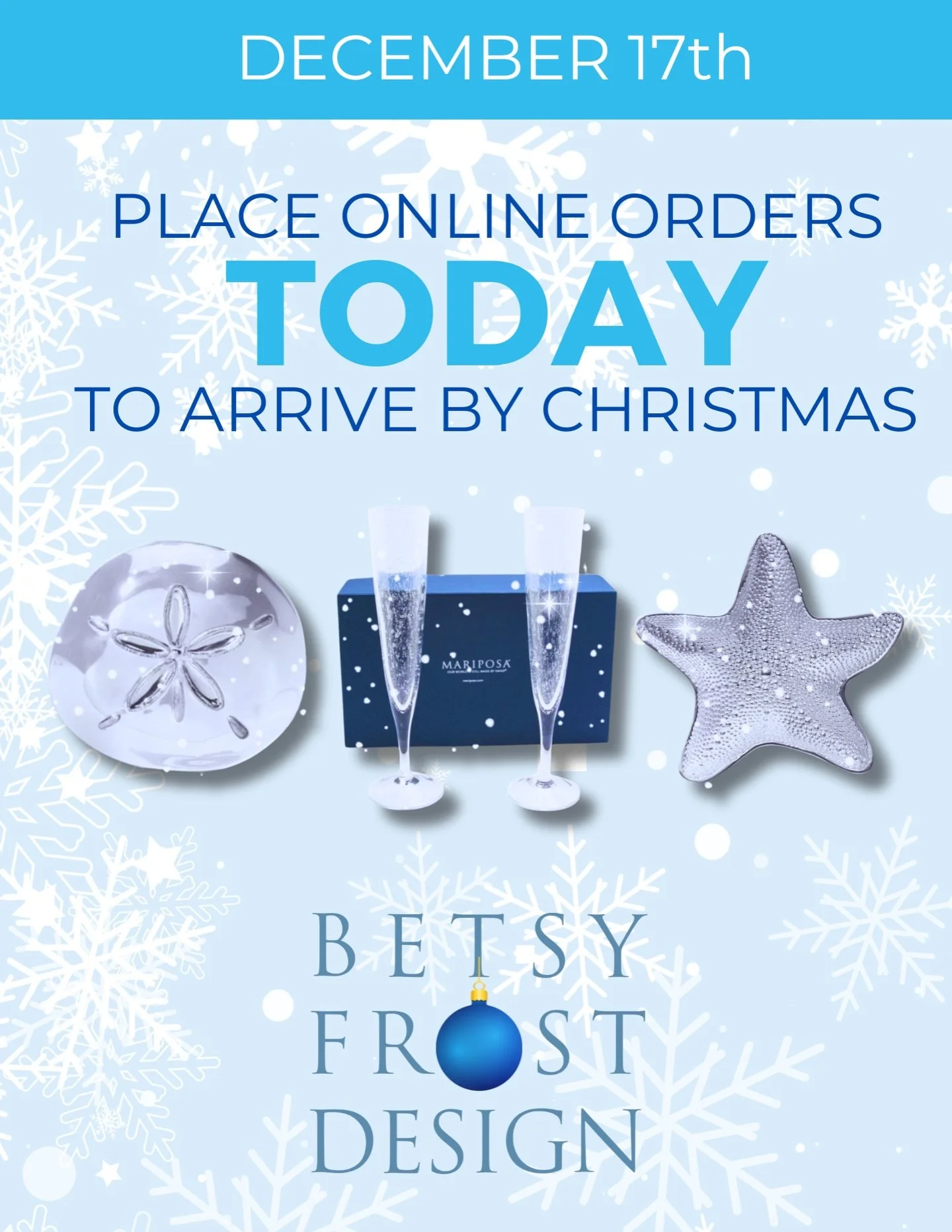 Shopping online this season? Go to betsyfrostdesign.com and place your online orders by today (December 17th) to arrive by Christmas. Locals: order online and choose to pickup your order at the shop!