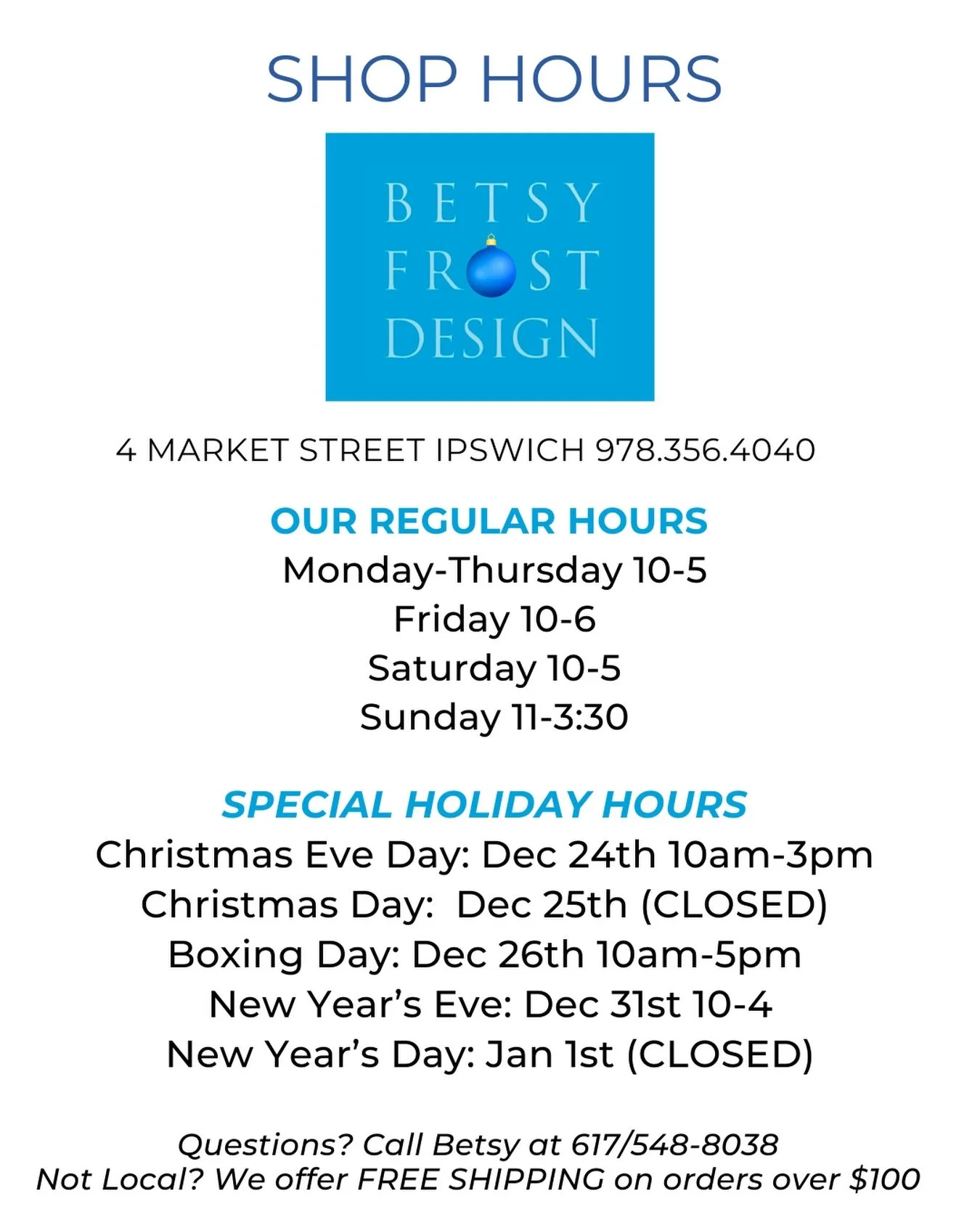 Here&rsquo;s our Shop Hours &amp; Special Holiday Hours! Come and shop with us on Monday through Christmas Eve Day! Last minute gifts, holiday jewelry, cards, stocking stuffers, and host/hostess gifts. Our BFD Santa&rsquo;s Helpers are here to help y