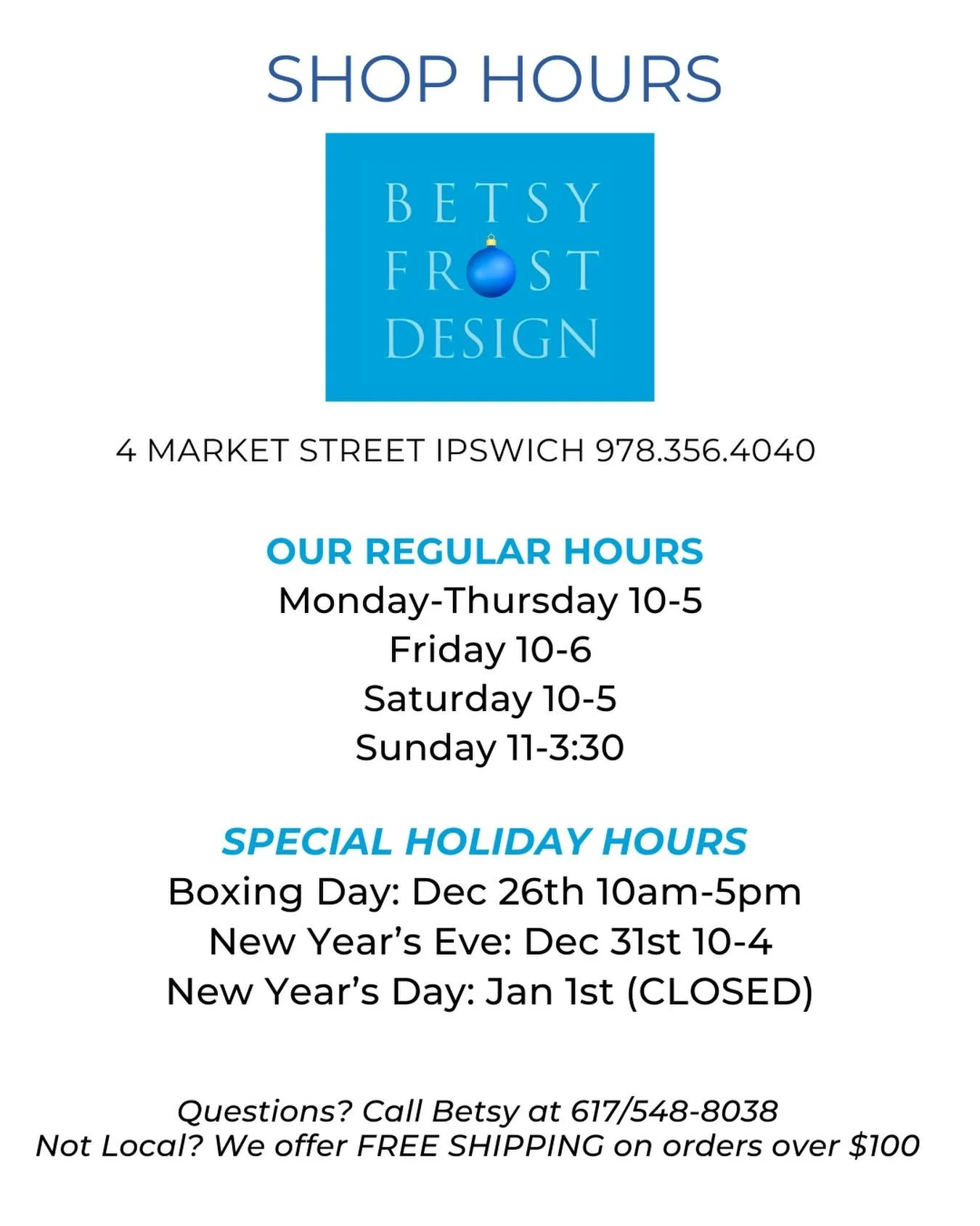 We hope everyone had a wonderful Christmas Day. Here&rsquo;s our upcoming hours. We are OPEN today (Boxing Day) 10-5.