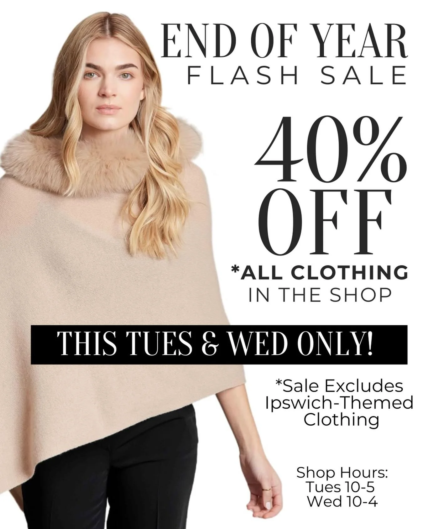 Don&rsquo;t miss our End of Year FLASH SALE! 🚨 ⚡️40% of all clothing on Tuesday and Wednesday only!  We are open Tuesday 10-5 and 10-4 on Wednesday. Come and get bargains on sweaters, jeans, pants, jackets, tops &amp; more! 
.
#endofyearsale #clothi