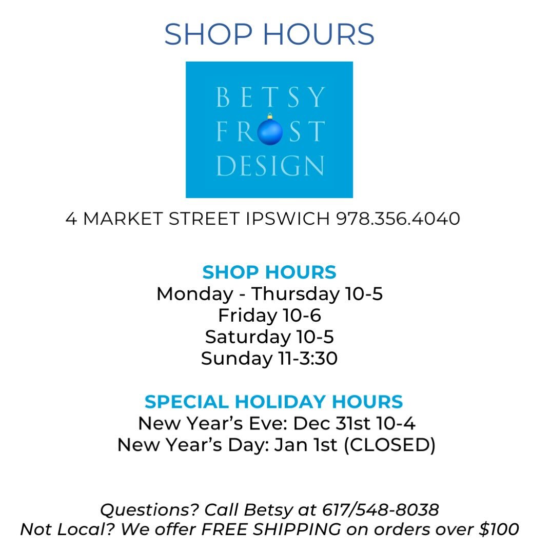 Just a reminder of our holiday hours this week. We are here on Wednesday 10-4 (New Year&rsquo;s Eve Day) and closed on (New Year&rsquo;s Day) Thursday. Back in on Friday, January 2nd. Open 10-6.