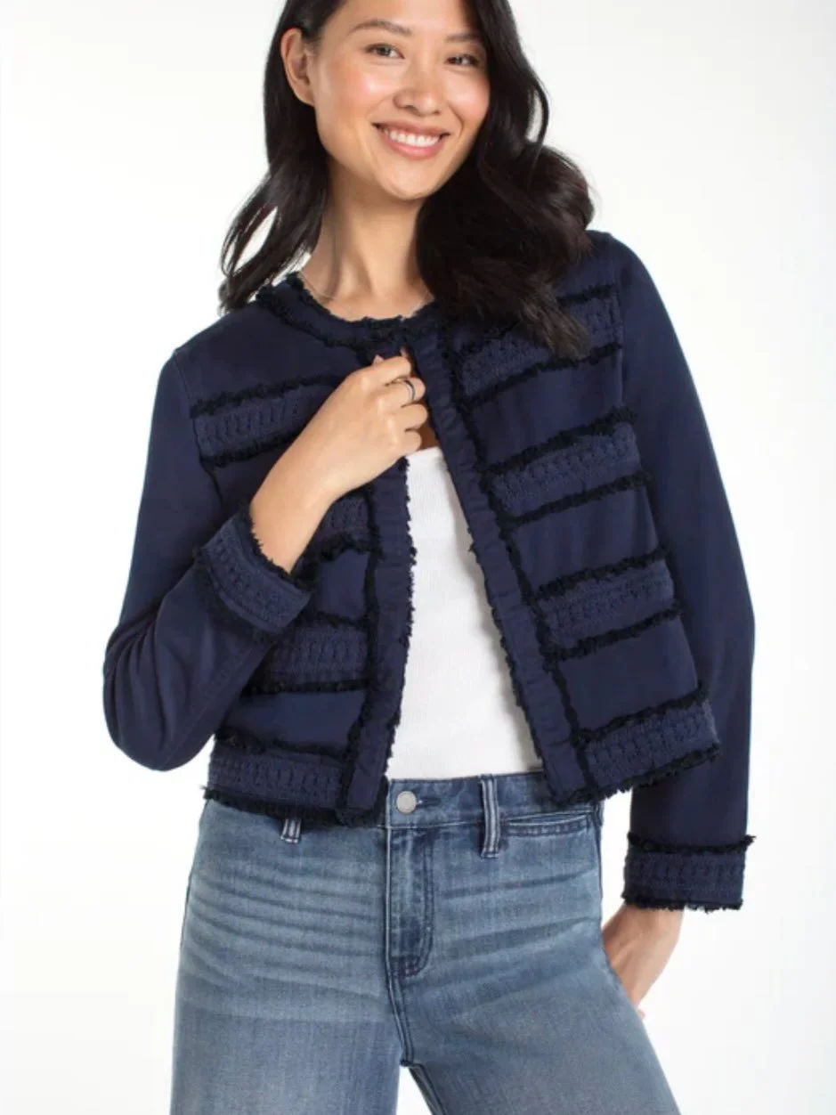 We have these in the shop moving fast: Collarless Jacket With Fray &amp; Lace in a Deep Midnight (Blue) with some very cool T-shirts, along with Super Stride Wide Leg With Shadow Cuff Pants, one of our outfits of choice - easy pulled together with so