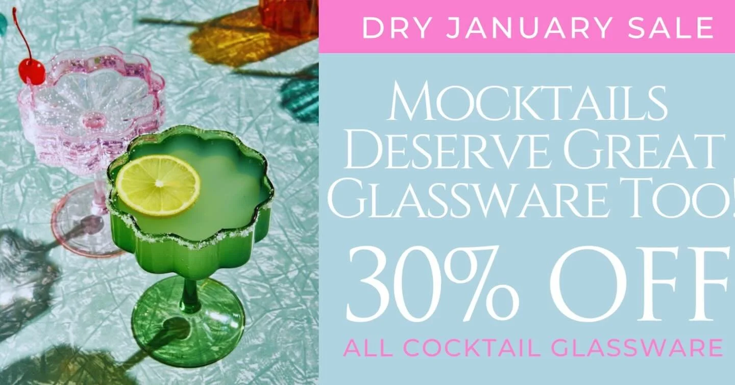 Catch Our 30% OFF DRINK &amp; COCKTAIL GLASSWARE SALE! 🍸🍸 Because Dry January Still Deserves a Toast! Sale Runs: Through Sunday, January 25th on betsyfrostdesign.com and in the shop. Shop Hours: 10-5. Cheers! 🥂