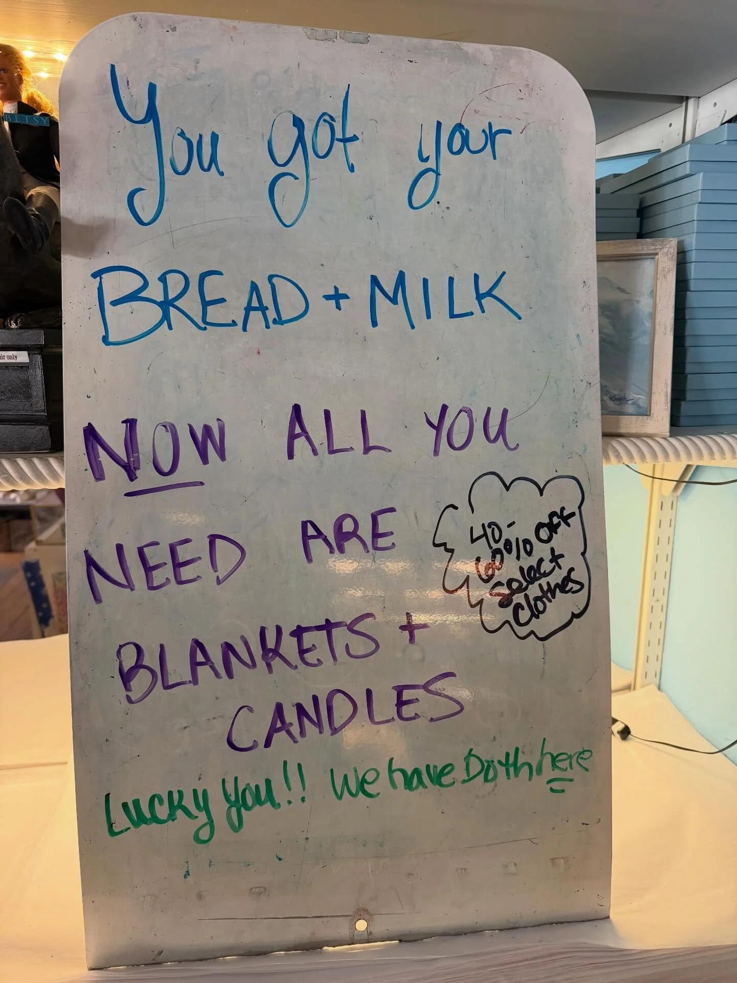 Storm Ready? 😳You have probably already hit up &ldquo;The Basket&rdquo; for your essentials&mdash; bread, milk and eggs? But we have your other snowstorm essentials! ❄️ Blankets, candles, pottery/mugs for hot chocolate and more! And a 👚 clothing sa