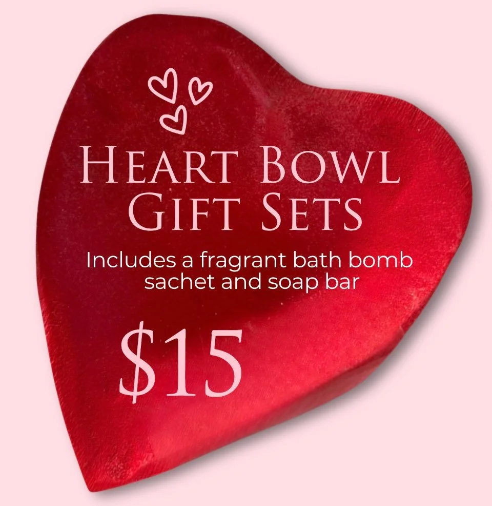 Valentine&rsquo;s Day Heart Bowl Gift Set - only $15! Each set comes with a FREE wooden heart bowl (vessel) filled with a curated trio of self-care treats &mdash; a fragrant bath bomb, a delicate sachet, and a soap bar.
This charming heart bowl keeps