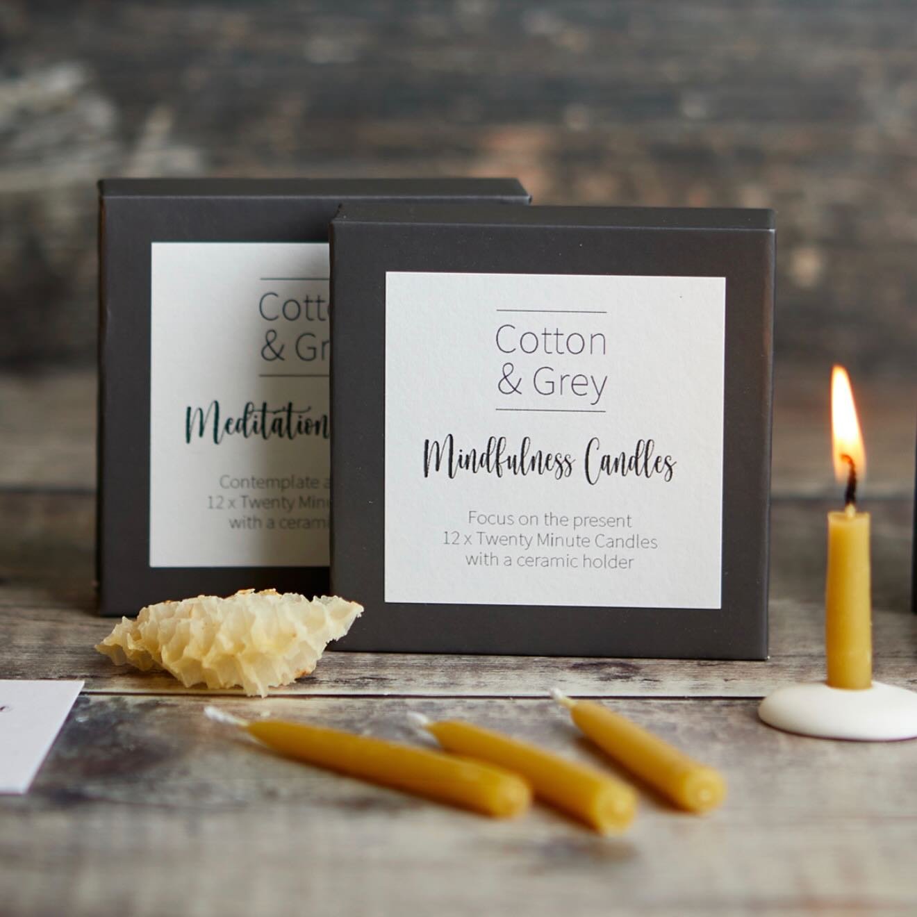 Show someone you care with these thoughtful candles. Each box contains (12) Twenty Minute Candles and a ceramic holder for relaxation, meditation, mindfulness and well-being. 100% pure beeswax. By @cottonandgreyltd &mdash; finalists in The Giftware A